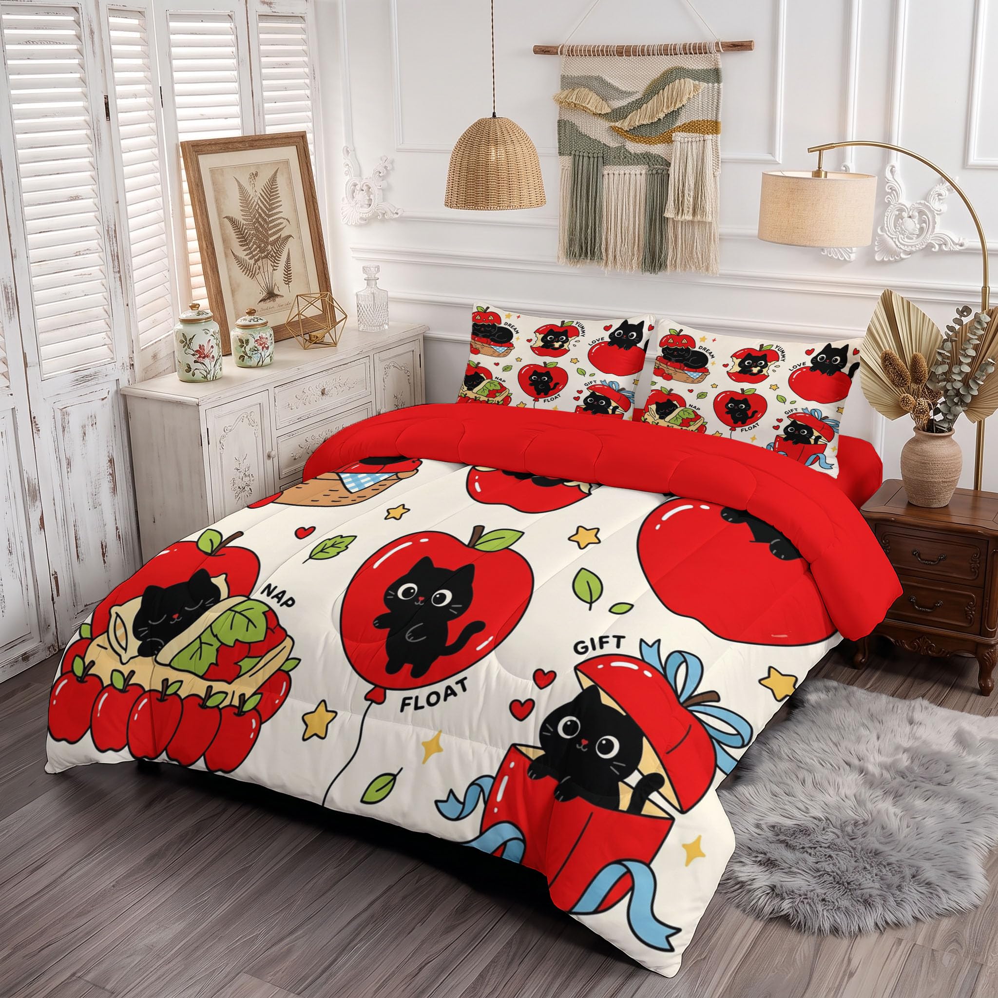 Copriletto Trapuntato Per Bambini Con Gattino Carino Con La Mela | Trapunta Singolo Invernale, Rosso, Piumone Caldo Morbido Divertente Tema Sugli Animali Per Decorazione Camera Da Letto