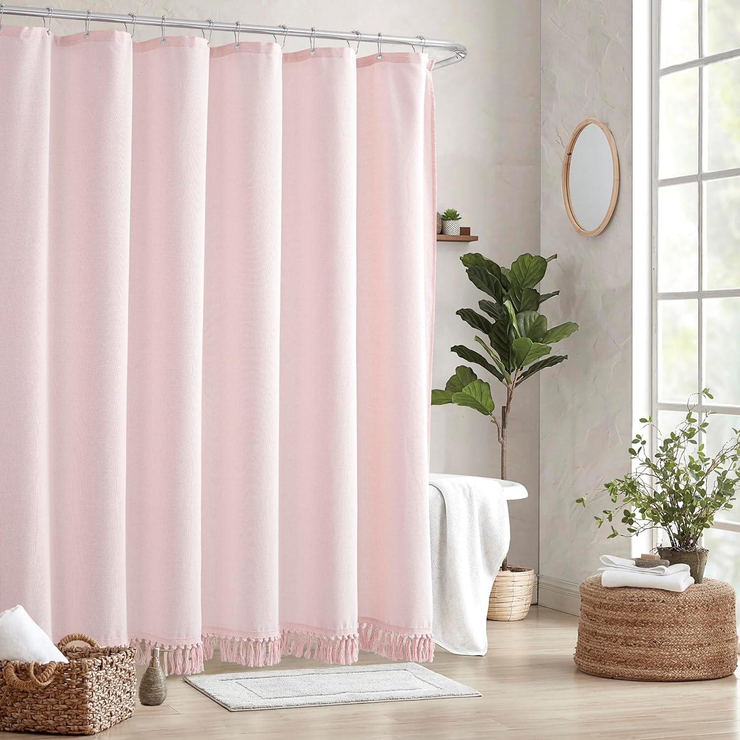 Pink Shower Curtain Linen Shower Curtain with Tassels Boho Shower Curtains for Bathroom Rustic Farmhouse Shower Curtains Bath Decor (72"x72")