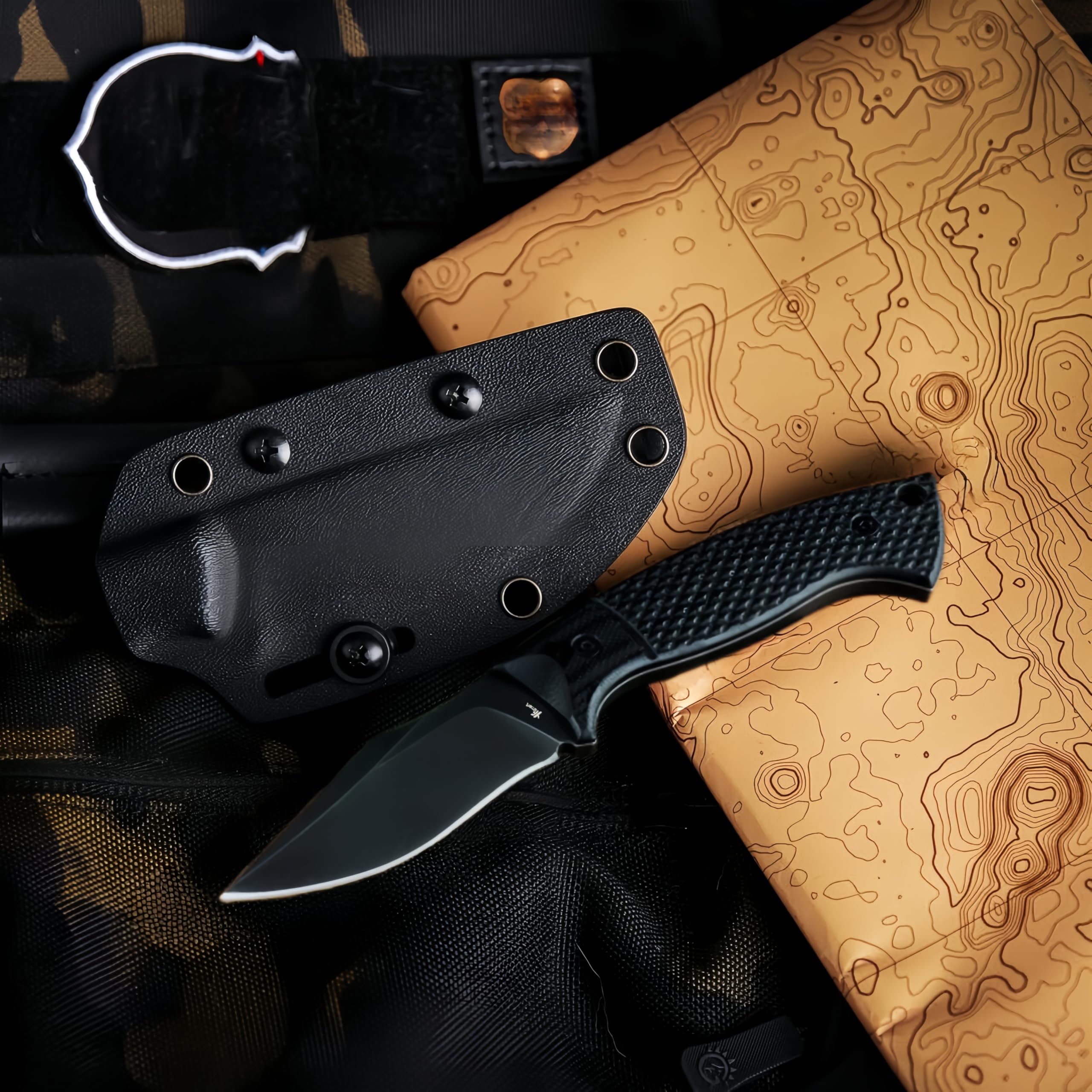 Coltello piccolo con lama fissa: coltello EDC compatto con lama arpione lunga 7,2 cm, manico G-10 testurizzato, ontano continuo, finitura stonewash scuro, fodero stampato a iniezione e Gü