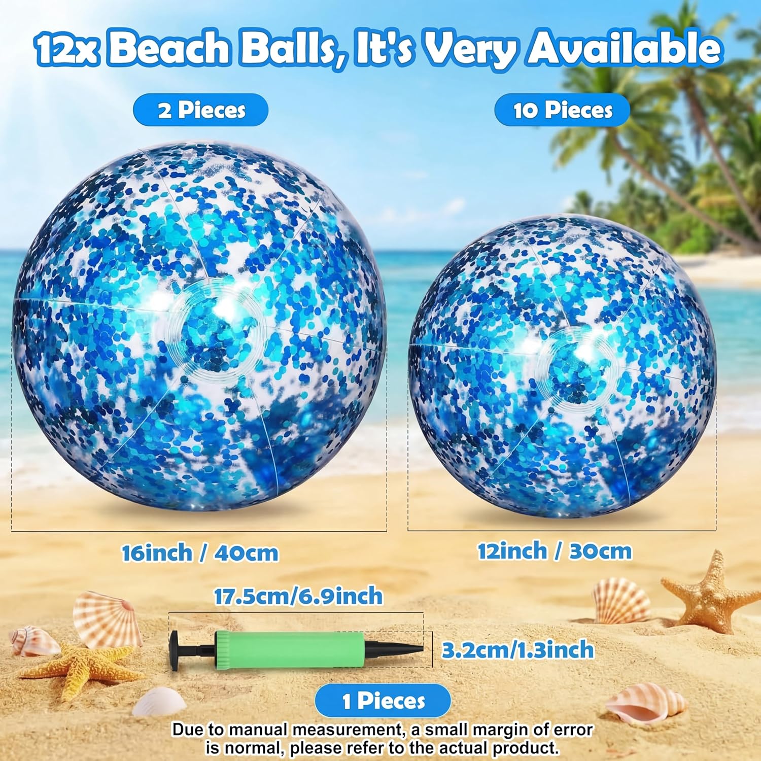 Lewtemi 12 Pcs Glitter Confetti Beach Balls Bulk, 16 Inch & 24 Inch Large Inflatable Clear Pool Toy Balls with Sequins, Summer Luau Party Favors Decorations for Kids Adults(Blue)