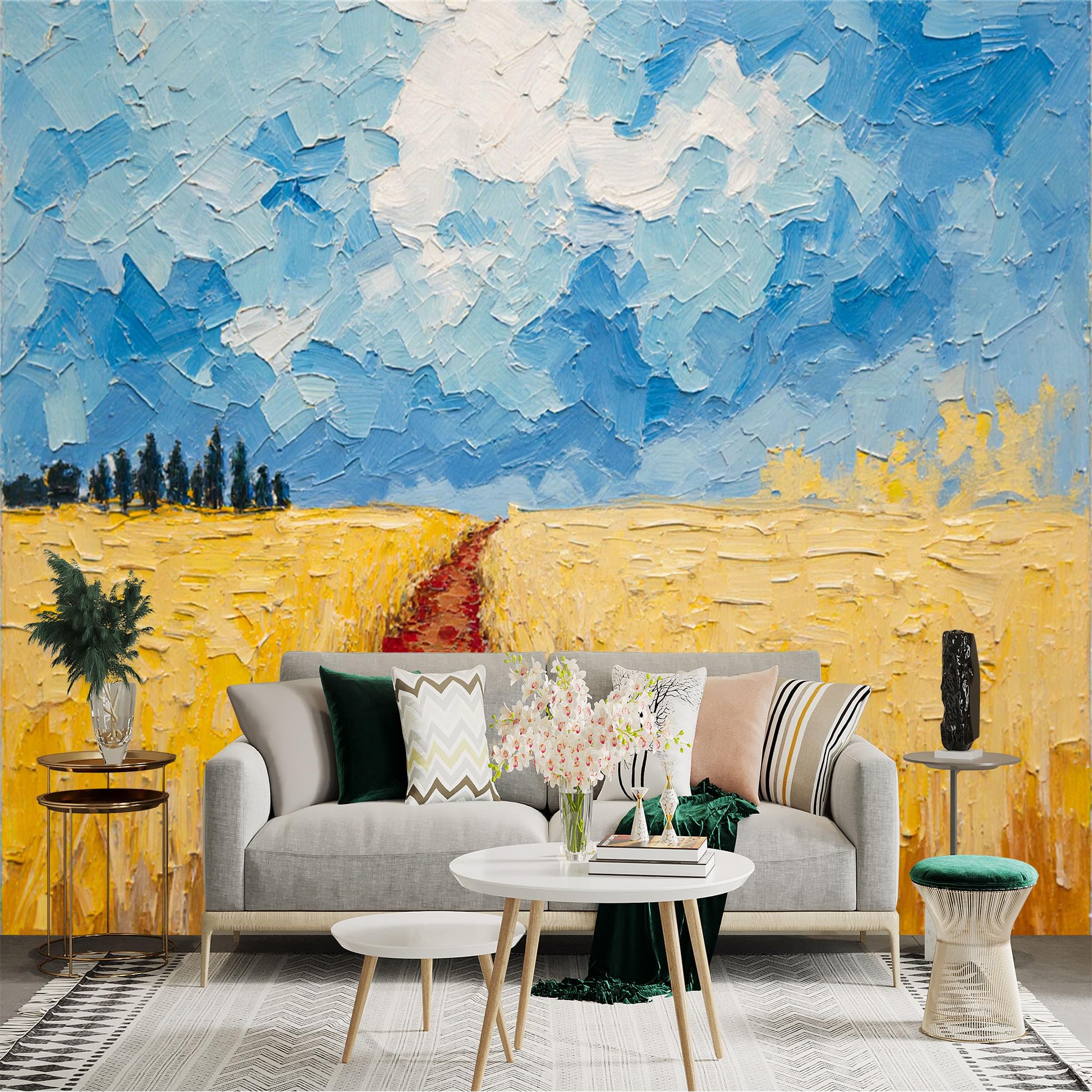 Lnzczhyre Xc260505098 Custom Size Wall Sticker Mural， Textured Wheat Field Pathway， Golden Rural Landscape， Heavy Impasto Oil Painting， Abstract Farm Scenery， For Wall Decoration， Peelandstick Wall Decals.