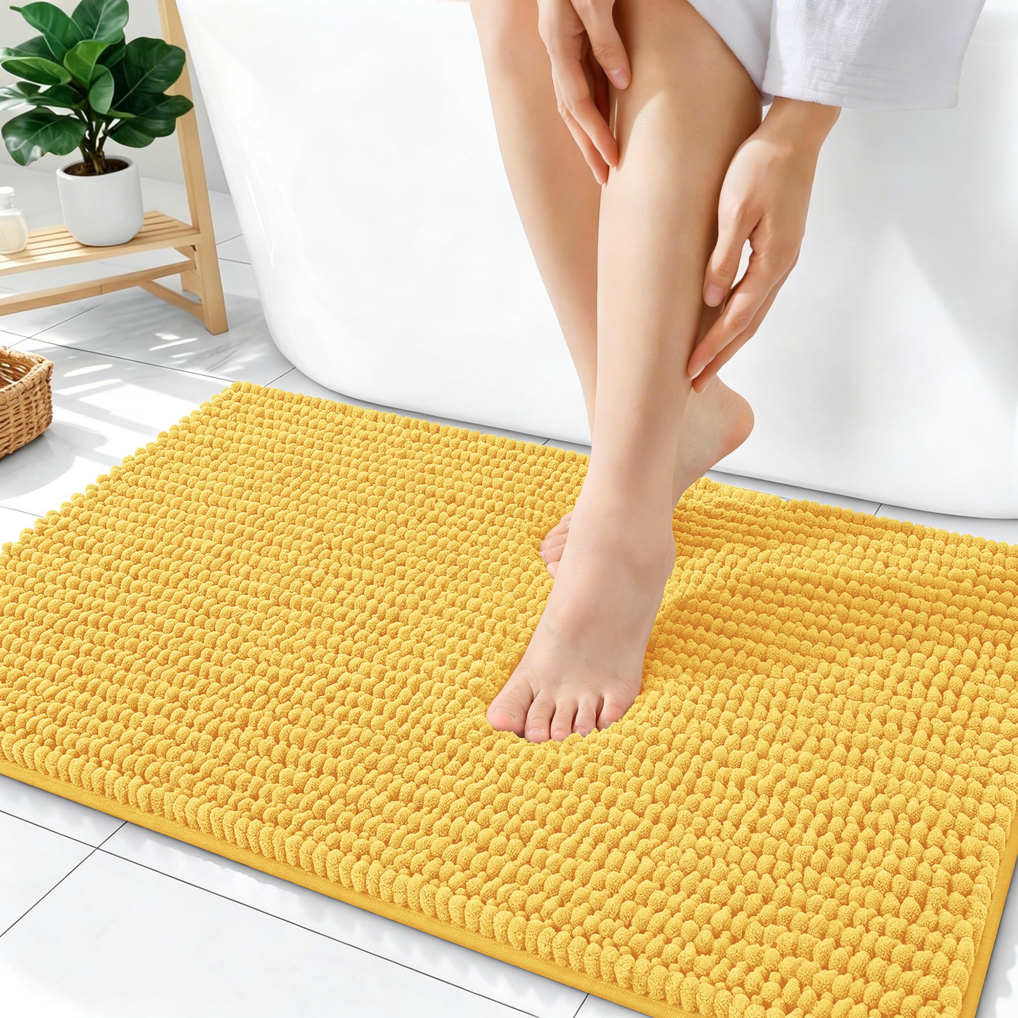 OLANLY Thick Chenille Bathroom Rugs 36x24, Soft Absorbent Bath Mat, Yellow