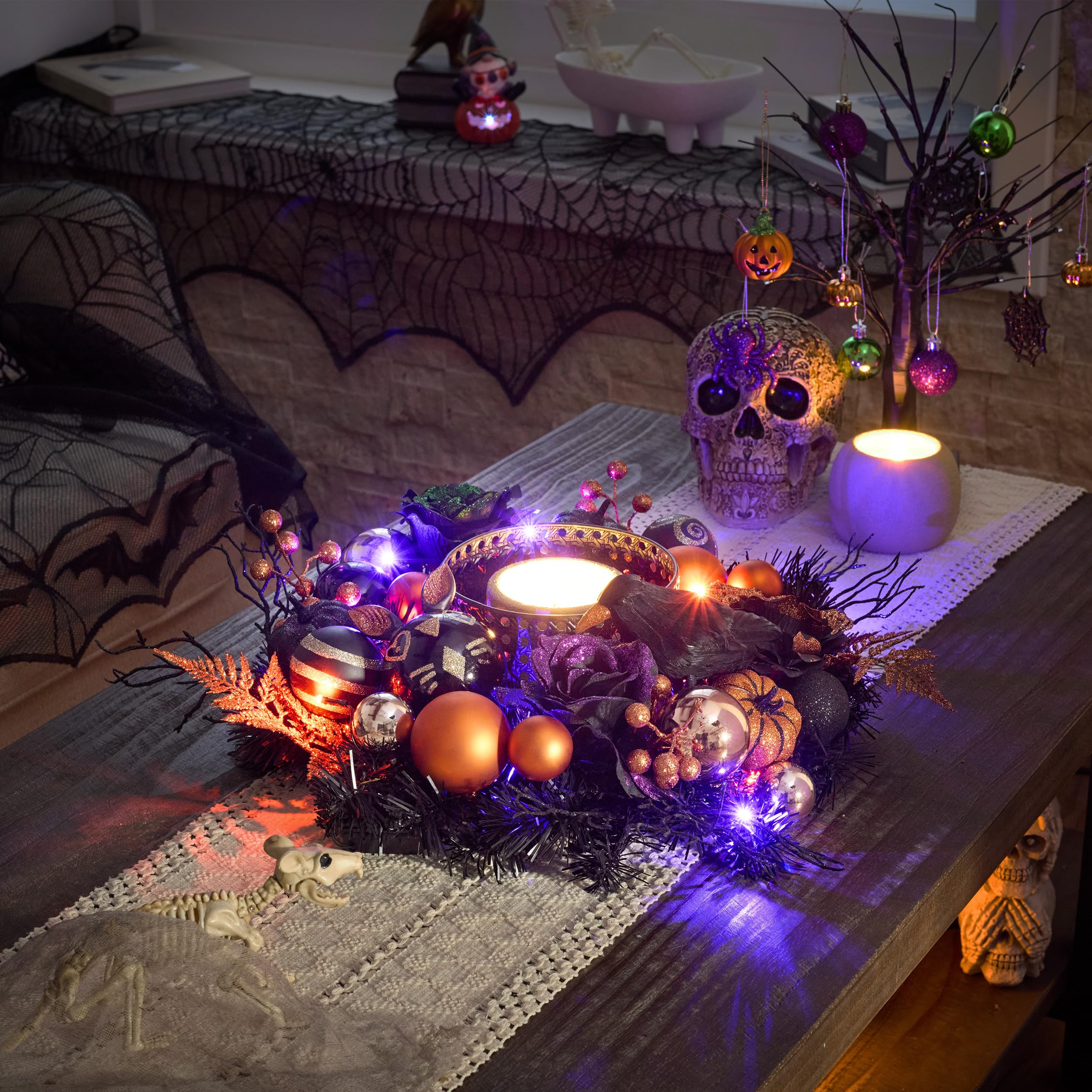 Valery Madelyn Corona de Halloween para puerta delantera con luces, corona de calabaza preiluminada de 24 pulgadas, decoración de Halloween para el hogar, porche, mesa, centro de mesa, ventana
