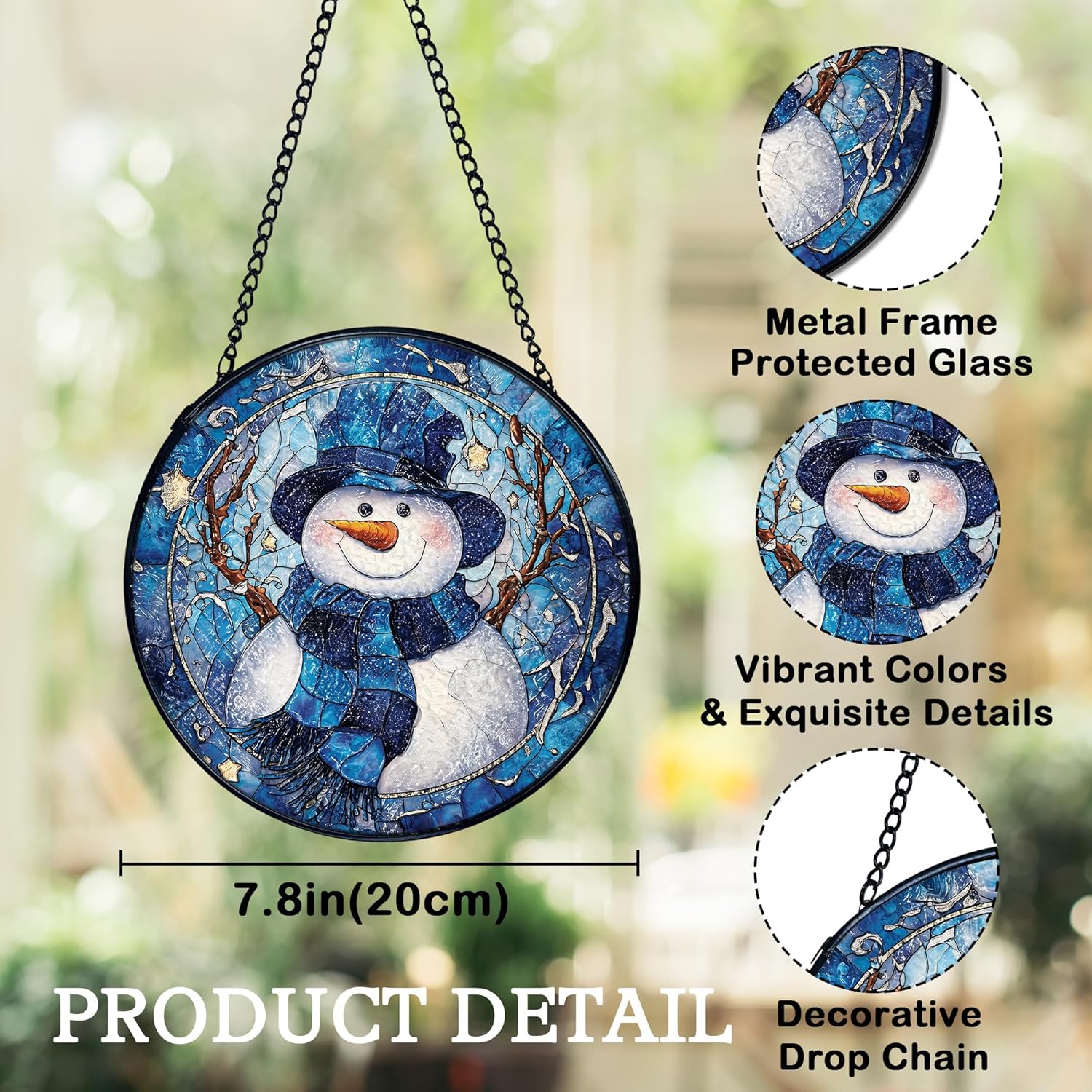 Blue Snowman Christmas Suncatchers Stained Glass Window Hanging, Winter Snowman Sun Catchers Indoor Window Glass Round Wall Decor, 7.9x7.9in
