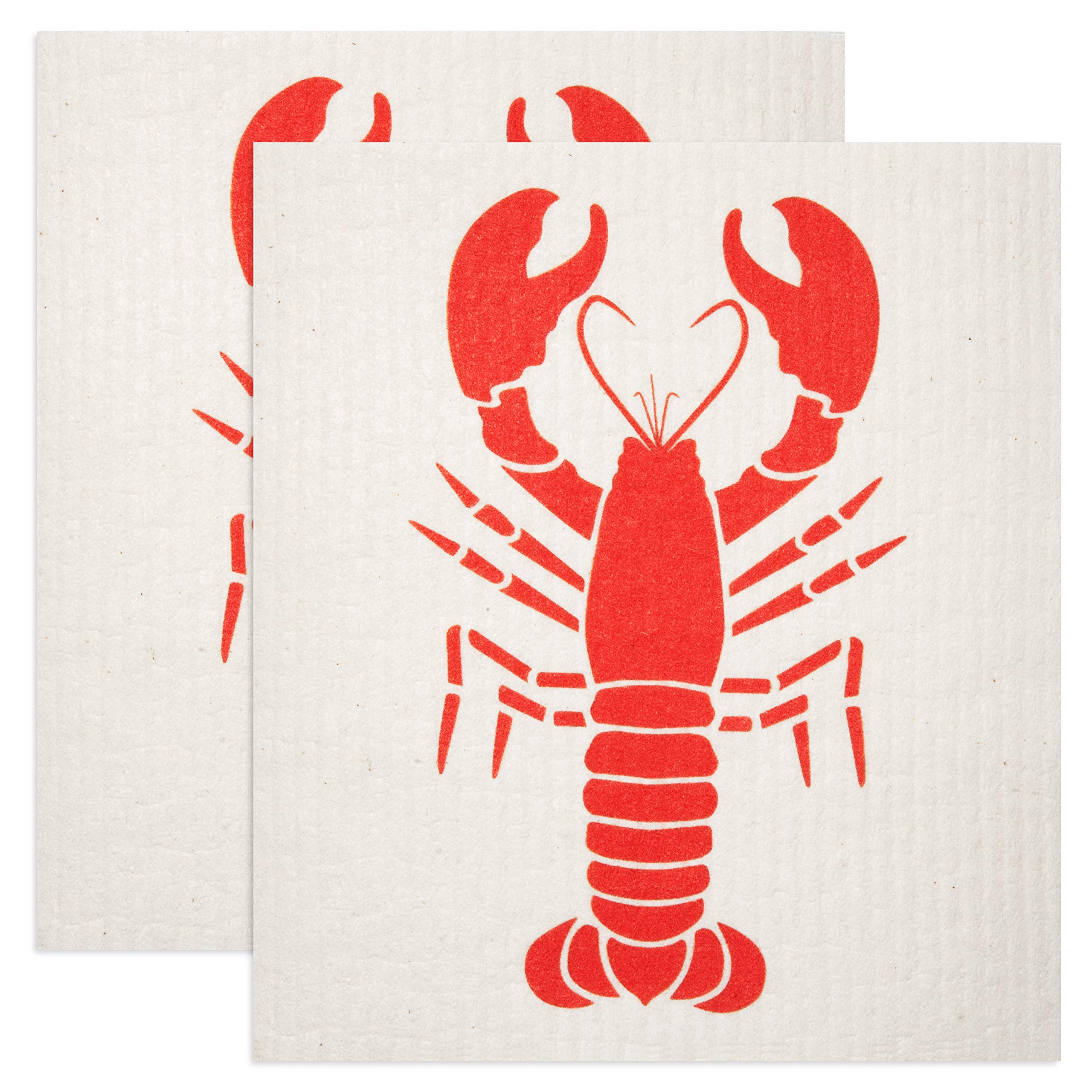 Luxury Printed Swedish Dishcloths 2-Pack | Cute Eco Friendly Kitchen Cellulose Sponge Cloths for Washing Dishes | Aesthetic Absorbent Reusable Paper Towels Gift Set - Red Lobster, 7.87"x6.88"