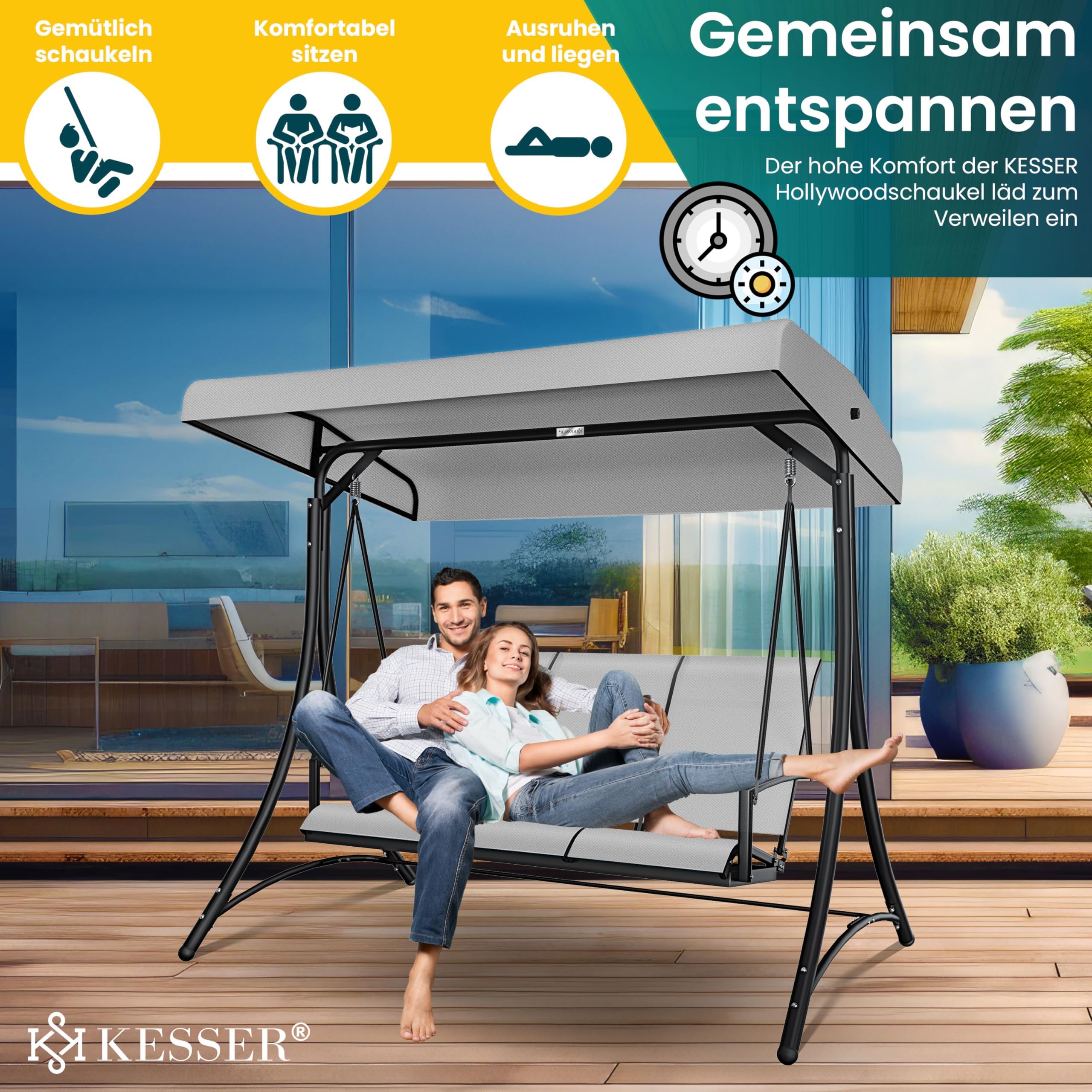 KESSER® Hollywoodschaukel mit Sonnendach 3-Sitzer | Gartenschaukel bis 300kg belastbar | Gartenliege mit Anti-Rutsch-Füßen | Schaukelbank wasserabweisend Outdoor & Indoor (Hellgrau)