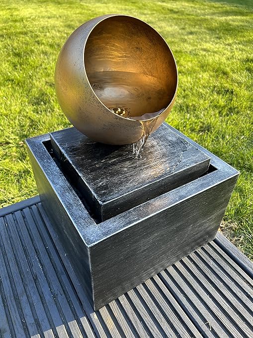 Golden Globe Box Light Water Feature with LED Lights Outdoor Solar