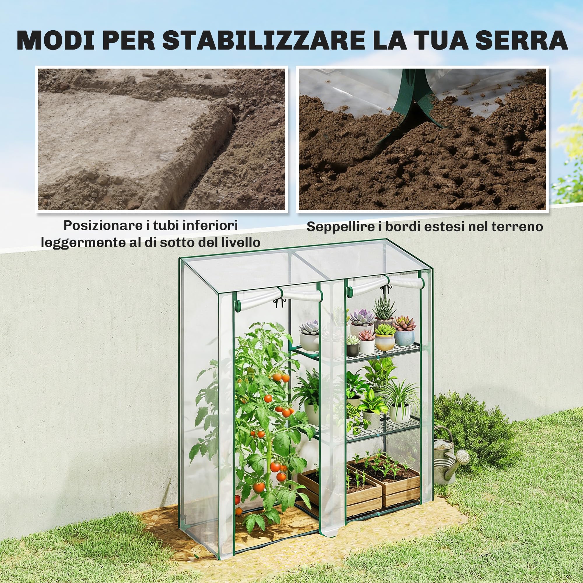 Outsunny Serre de Jardin avec étagères 3 Niveaux, Petite Serre de Balcon en Bâche PVC et Châssis Acier, 2 Portes Enroulables, pour Légumes Plantes Fleurs, 143 x 45 x 151 cm, Transparent