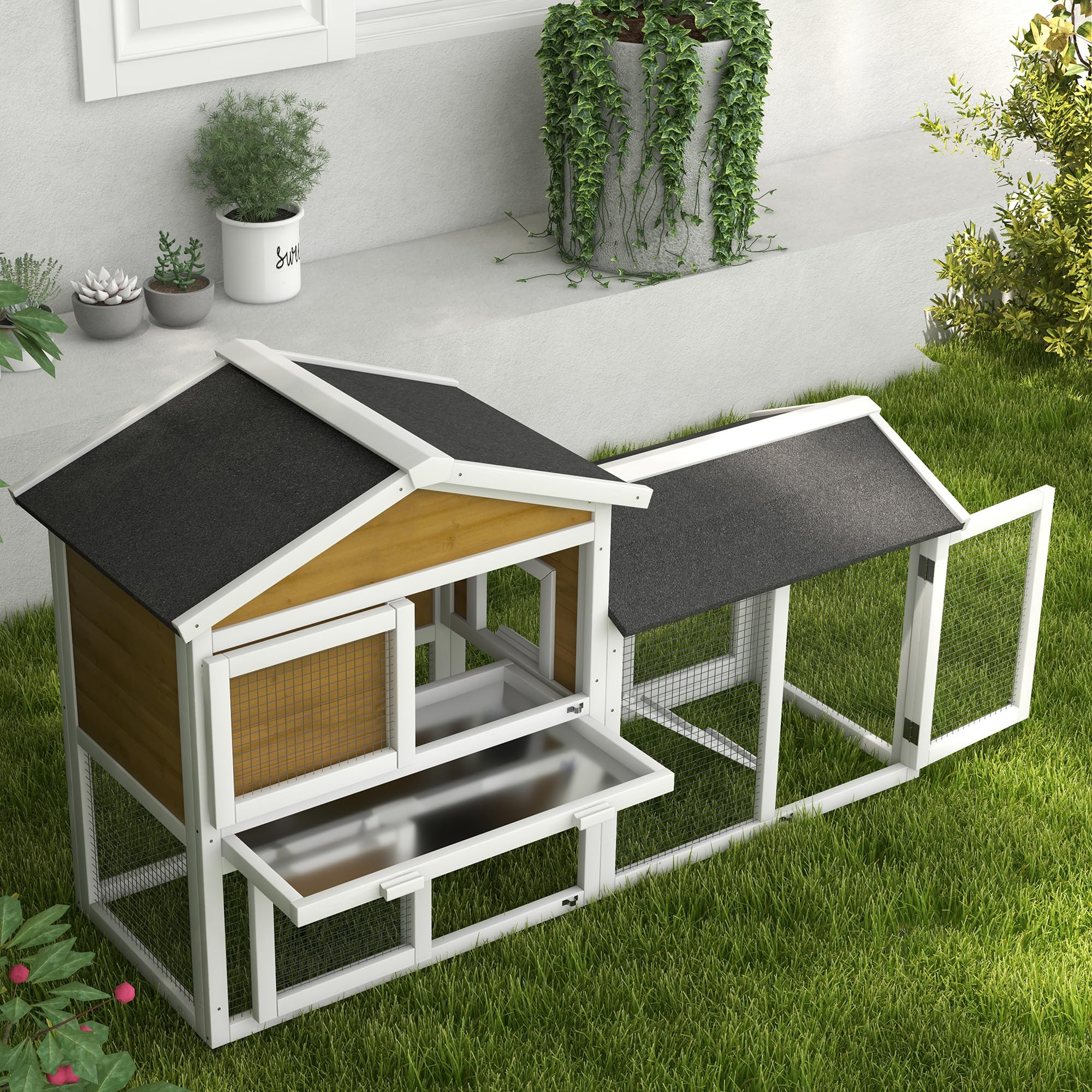 PawHut Conejera de 2 pisos, resistente al invierno, de madera, 147 x 54 x 84 cm, jaula para conejos con techo de betún impermeable, rampa para 2 conejos enanos, para exteriores, color amarillo