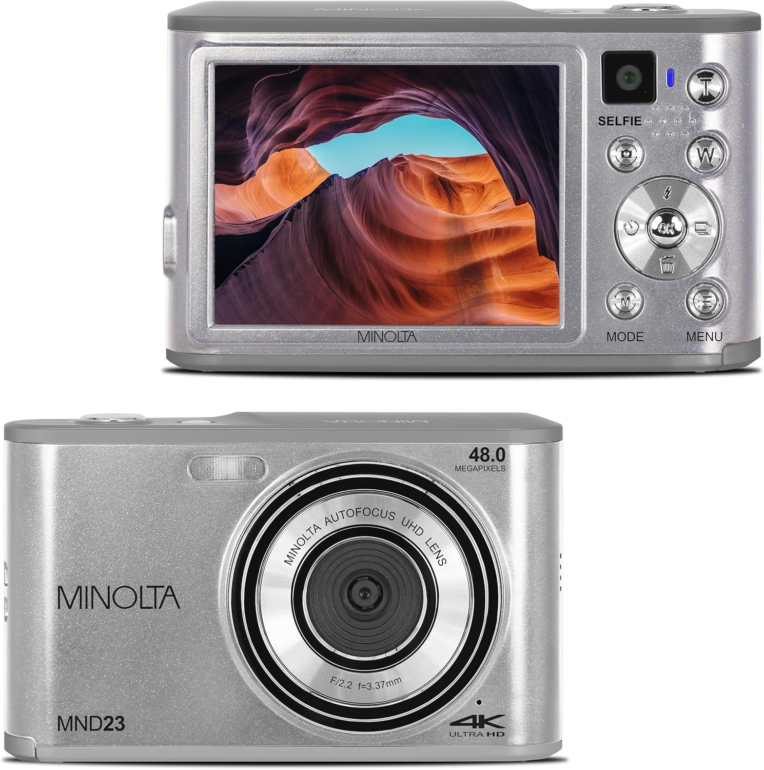 Minolta 48 Mega Pixels Point & Shoot Digital Camera with Rear Selfie Lens, Autofocus & 4K Ultra HD Video, Silver Minolta 48 Mega Pixels Point & Shoot Digital Camera with Rear Selfie Lens, Autofocus & 4K Ultra HD Video, Silver