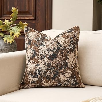 Yangest Neutral Floral Pillow Cover 18 x18 Inches, Vintage Chenille Square Throw Pillow Cover Soft Decorative Farmhouse Accent Couch Pillow Cover for Living Room Bedroom, Coffee Brown