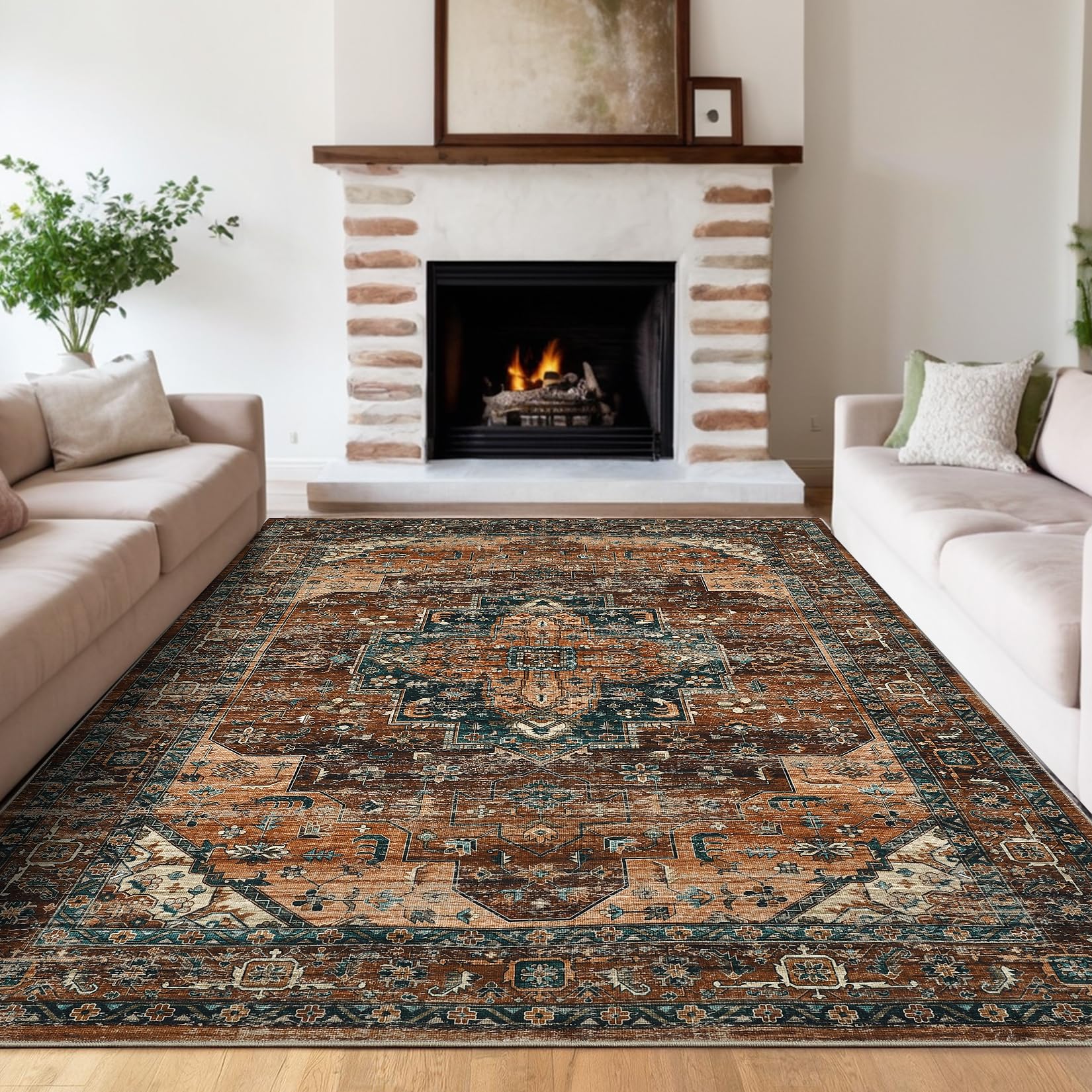 FairyStyle Washable Vintage Living Room Area Rug 200x290cm Machine Washable Area Rug for Living Room Indoor Large Non-Slip Bedroom Carpet Low Pile Stain Resistant Dining Room Carpet Chocolate Teal