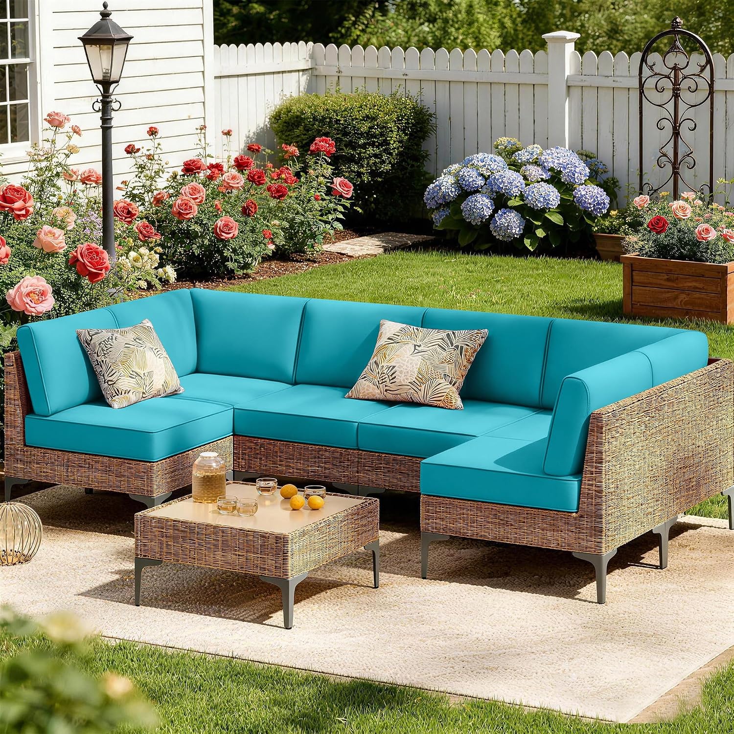 Outdoor Sectional Cushions 14-Piece Replacement Cushions Set for 6-Seat Patio Furniture Waterproof 4'' Thick Outdoor Sofa Cushion Patio Wicker Couch Cushion (Lake Blue, 14-Piece Set)