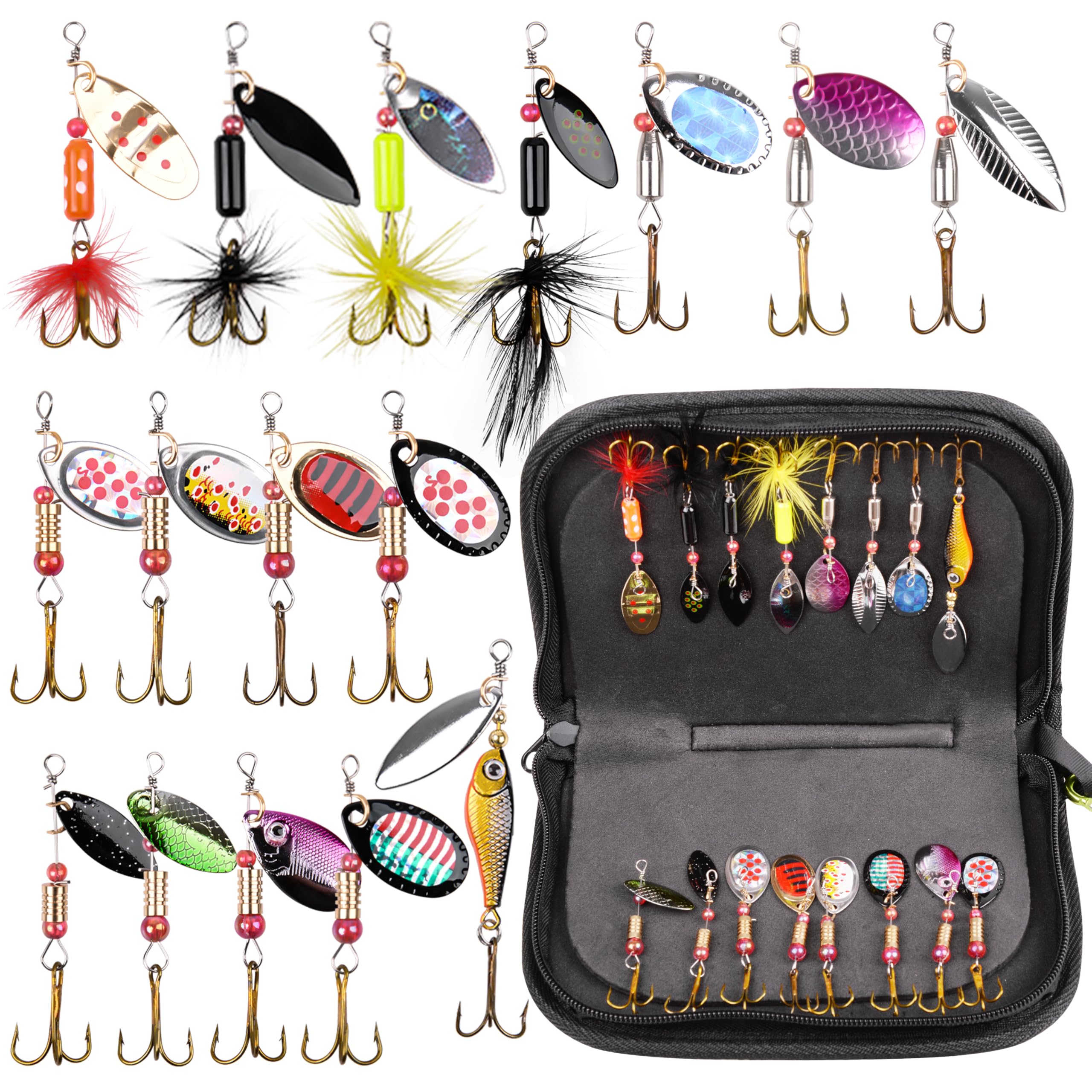 OROOTL Fishing Lures Spinner Baits, 16pcs Trout Bass Salmon Lures Kit Hard Metal Spinners Lure Bait with Portable Carry Bag, Rooster Bait Tail Fishing Lures Inline Spinnerbaits