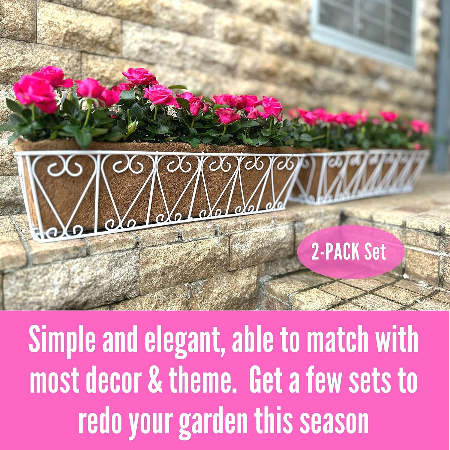 LaLaGreen Wall Hanging Planter - 2 Pack, 24 Inch Deck Railing Planter, Window Flower Boxes Basket Outdoor White Deck Railing Hanging Pot Coco Liner Metal Plant Holder Fence Planter Balcony Patio Porch