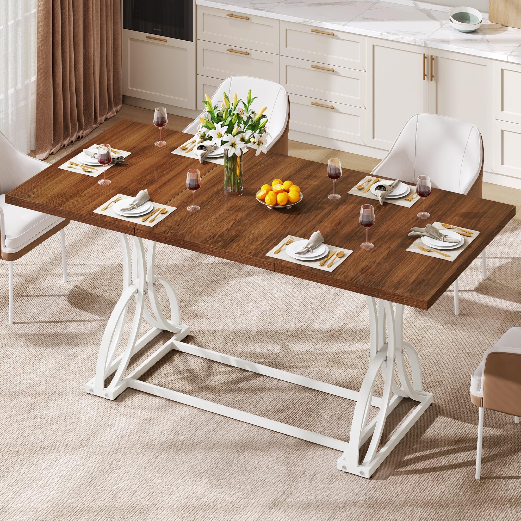 DWVO 70.3" Large Modern Dining Table for 6-8 People, Rectangular Walnut Kitchen Dining Room Table with Thick Tabletop and White Geometric Metal Legs,