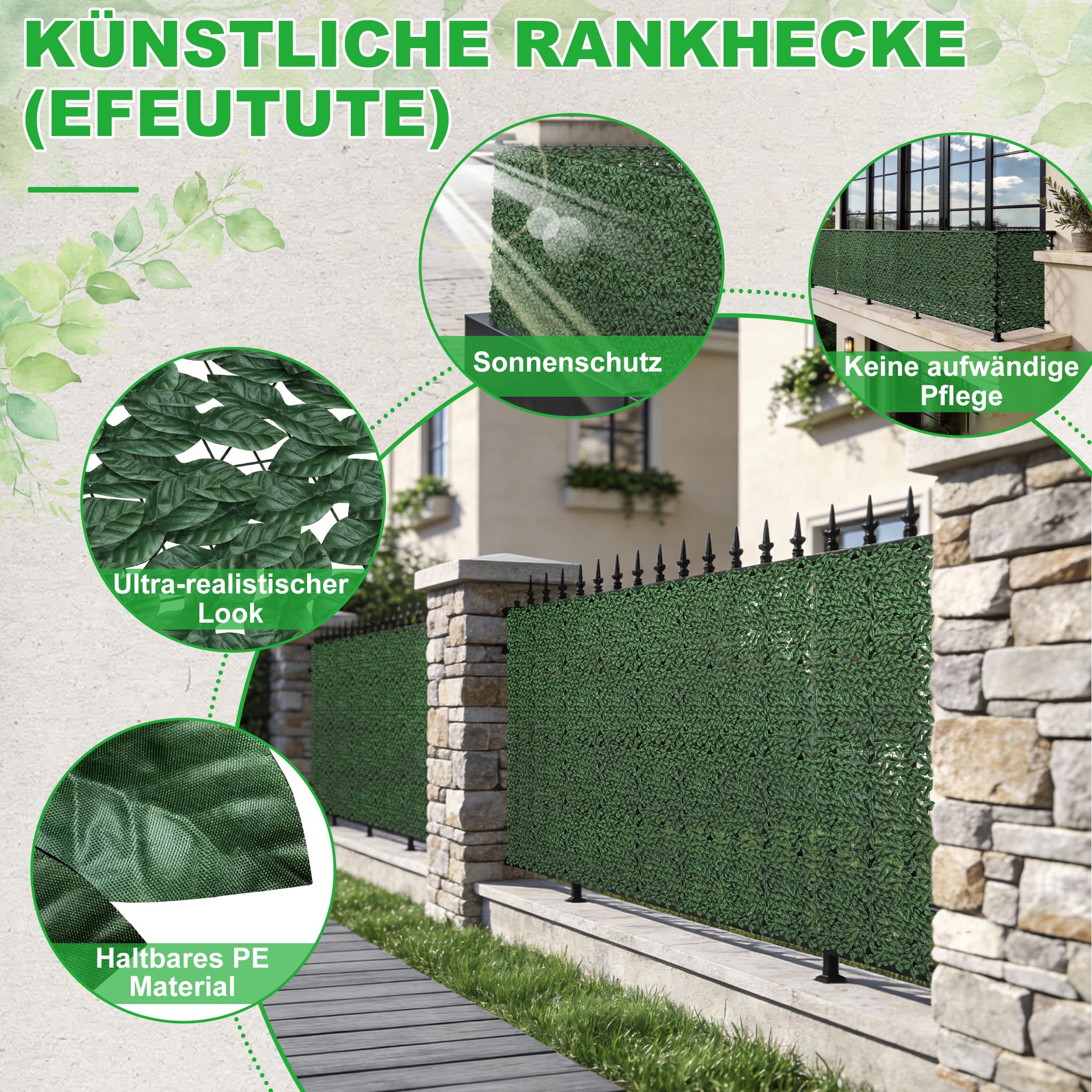 Aufun Künstliche Efeu Garten Sichtschutz mit Kabelbinder 100x1500cm | UV-Beständig Balkonsichtschutz Garten, Hecken Paneele Rolle Pflanzen Hängend Girlande für Gartenhecken Balkon Außendekoration