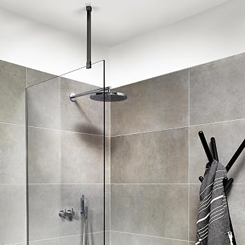 Shower Door Rod, 18 1/5(462mm)-31 7/10(805mm) Length Stainless Steel Ceiling-to-Glass Support Bar, for 5/16(8mm) to 3/8(10mm) Thick Frameless Glass Door, Matte Black Bracket
