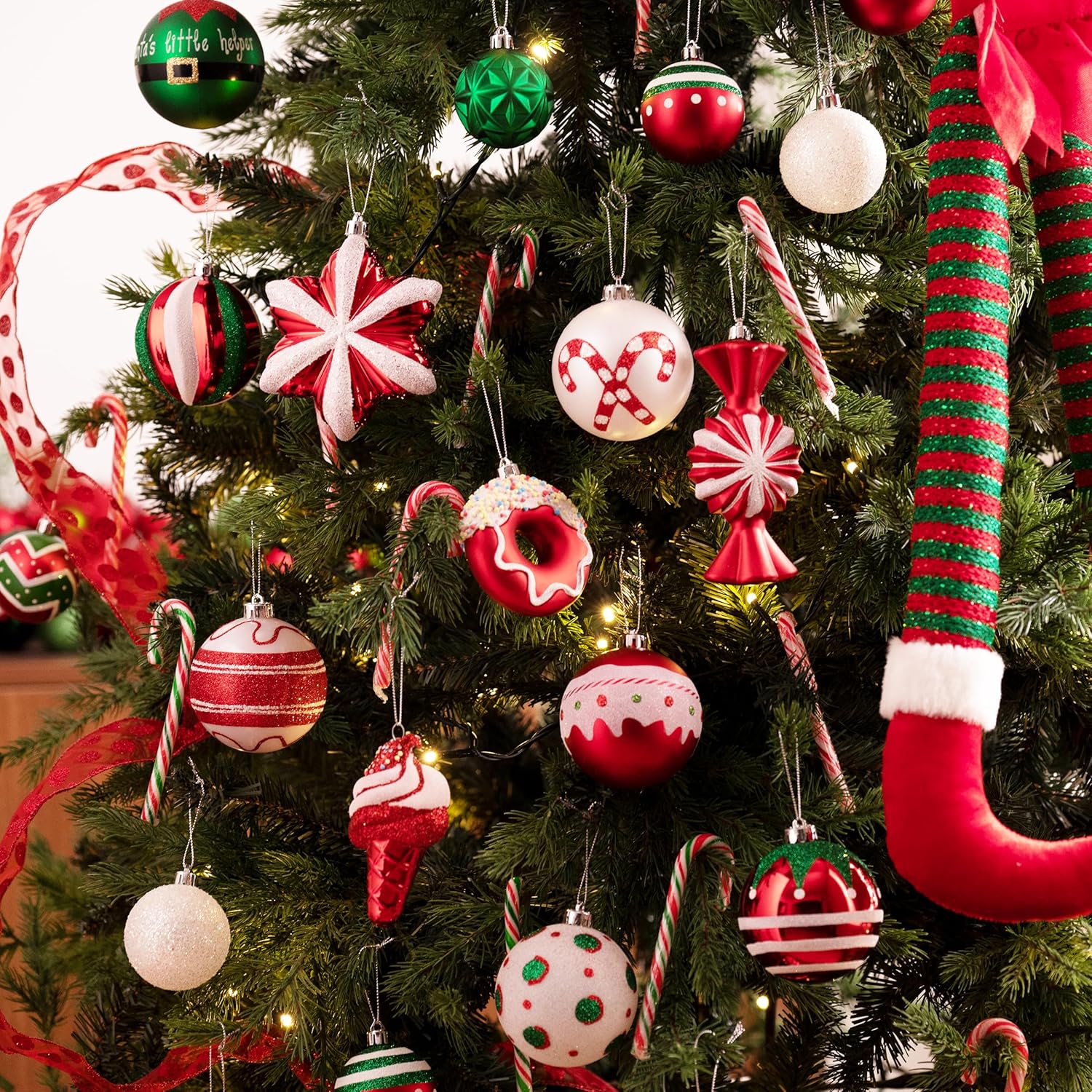 Valery Madelyn Christmas Ball Ornaments, 60ct Candy Cane Red and White Shatterproof Christmas Tree Decorations Set, Variety Decorative Hanging Ornaments for Xmas Trees Bulk Holiday Party Decor