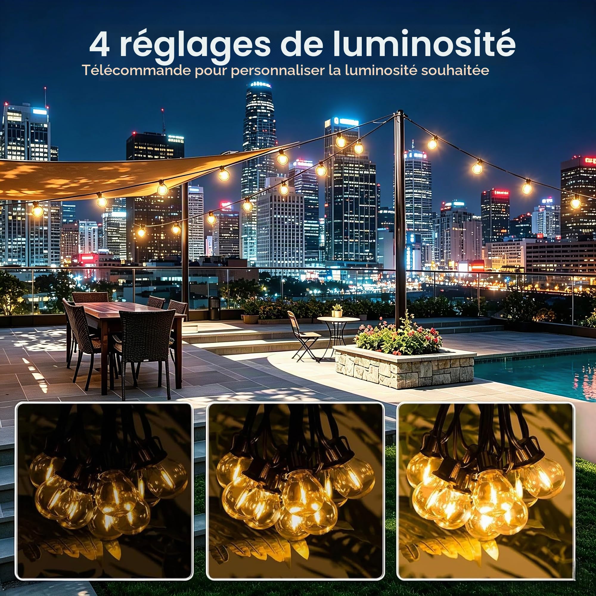 GPATIO Guirlande Lumineuse Exterieure Solaire 30M avec 42 G40 LED Ampoules. | Guirlande Exterieur Solaire avec Télécommande, Imperméable, Incassable, 3 Modes, Fonction Minuterie, Charge solaire + USB.