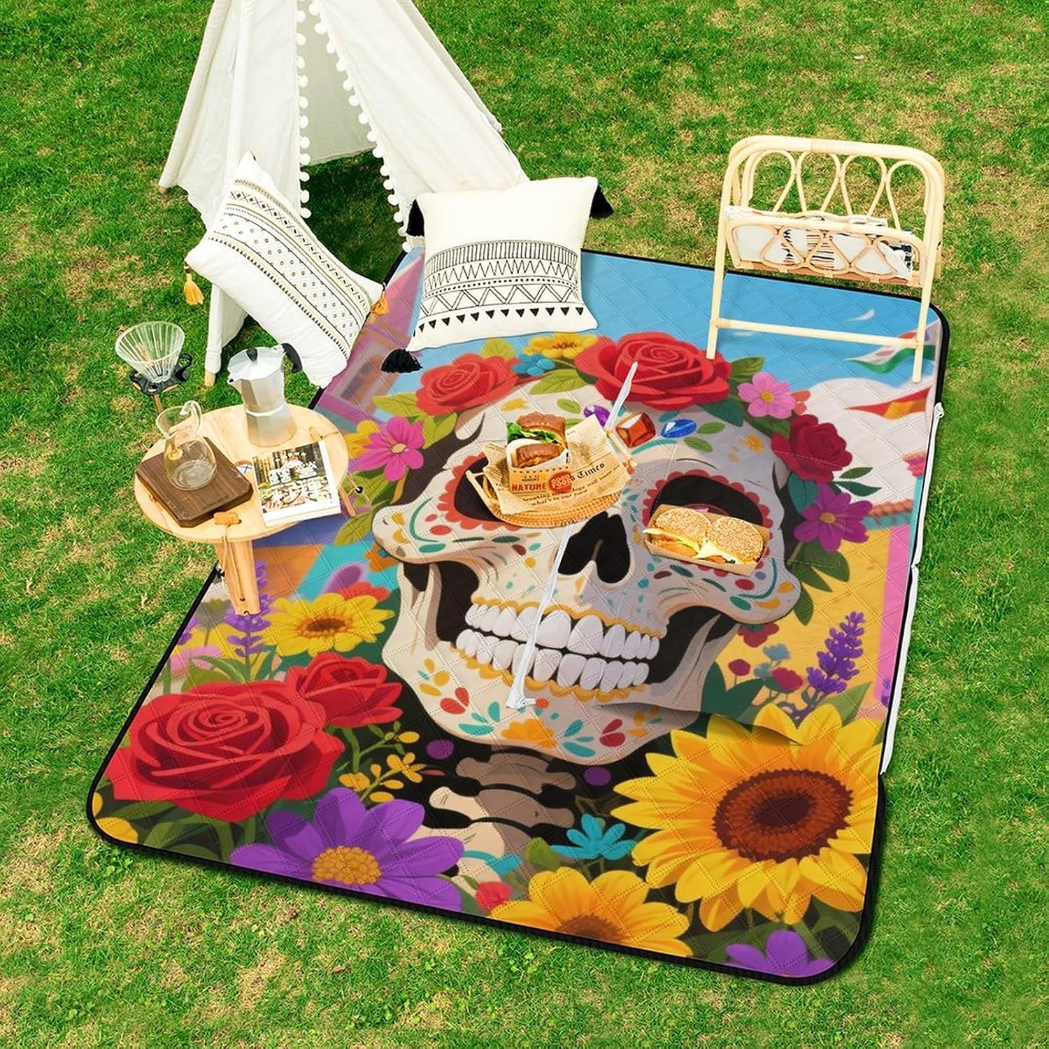 Mexican Floral Picnic Blanket 150x100cm, Foldable 2-in-1 Picnic Mat and Tote Bag Portable Waterproof Beach Mat Sandproof Outdoor Blanket for Park, Hiking, Beach, Camping, Travel