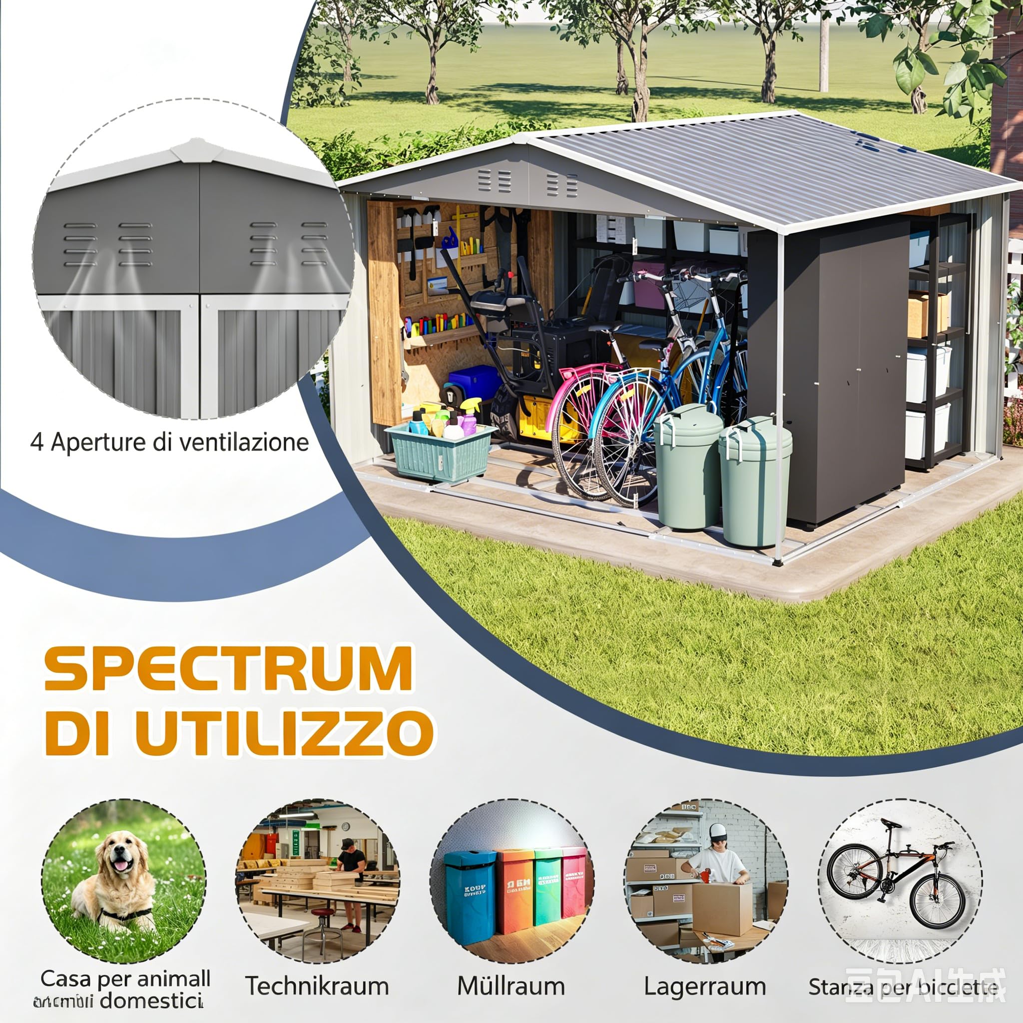 Casetta da giardino XXXL 300 x 252 x 191 cm, capanno in metallo con tetto a due ante scorrevoli, resistente alle intemperie, grigio, per moto, biciclette, attrezzi da giardino