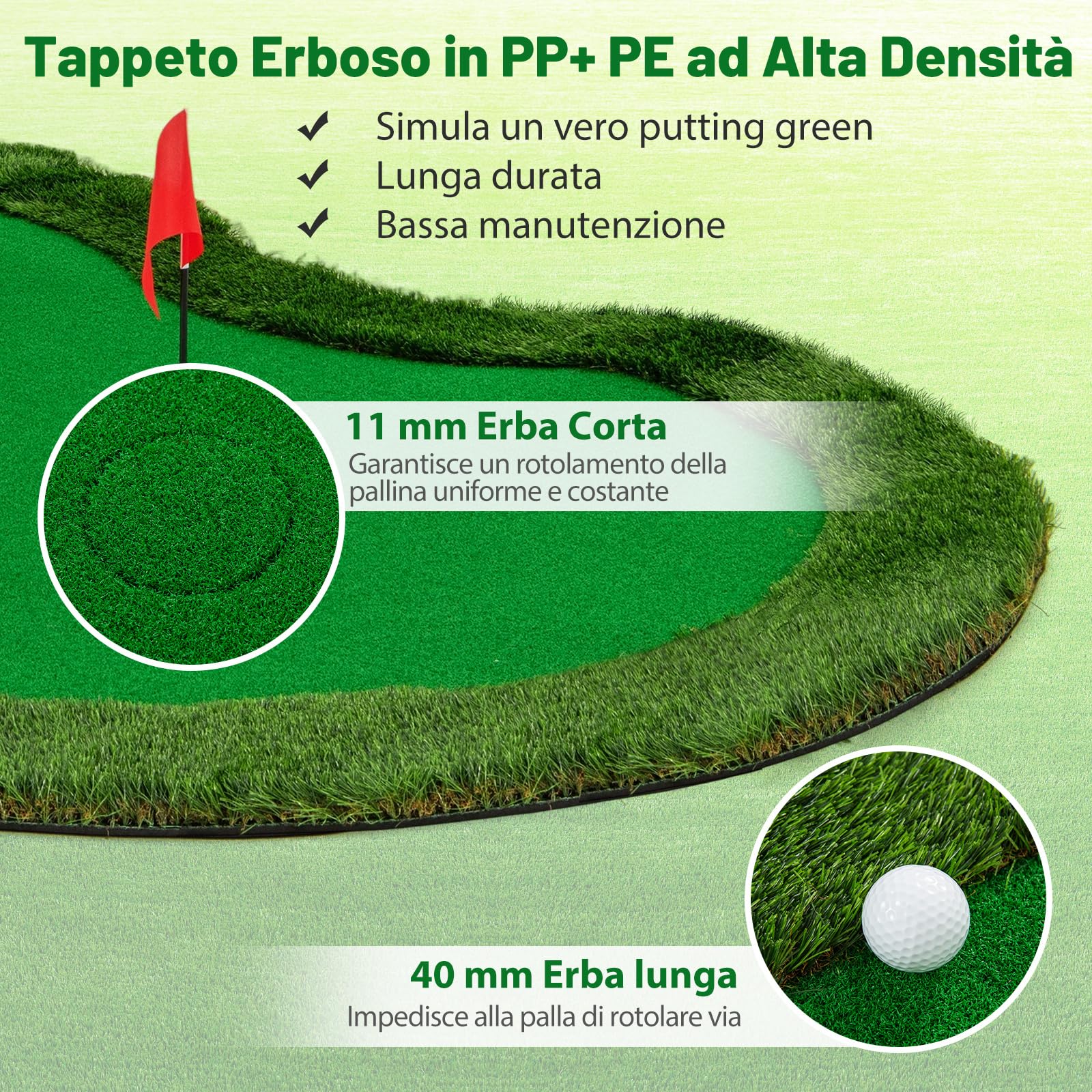 COSTWAY Putting Green, Tappetino da Interno per Putting con 3 Buchi e Palline da Golf, Tappetino da Golf per Casa, Ufficio, Giardino e Patio, 300 cm x 150 cm