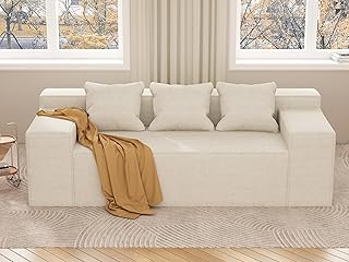 Modern 3-Seater Sofa, Hybrid Sofa in a Box, No Assembly Required, Comfy Sofa Couch with 3 Matching Pillows, Cat-Scratch Resistant Linen, Couch for Living Room or Bedroom, Beige