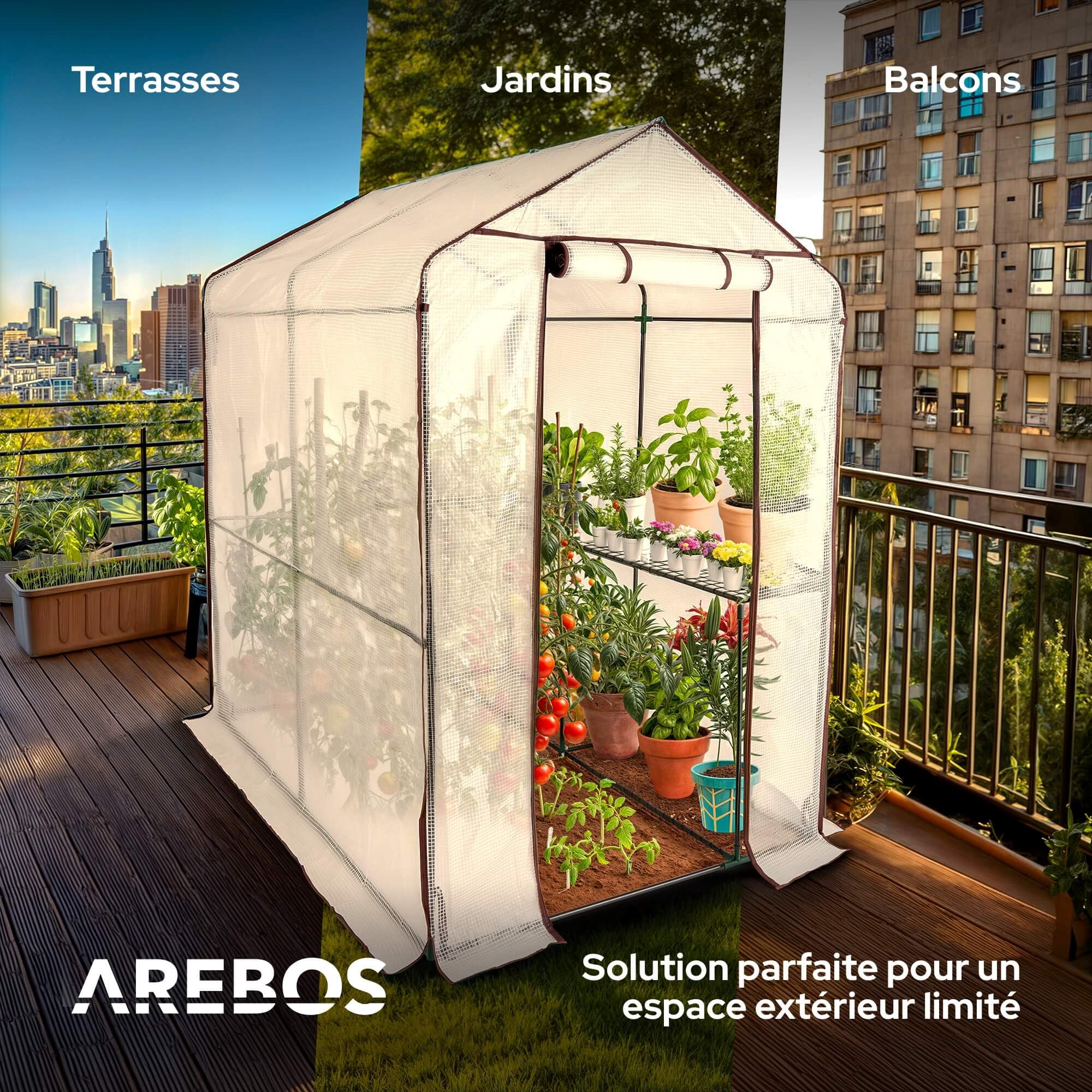Arebos Serre en Film Premium 2 Niveaux 120 x 186 x 190 cm | Serre de Jardin Stable avec Étagères & Fenêtre d’Aération | Gain de Place | Structure Robuste pour Culture de Plantes