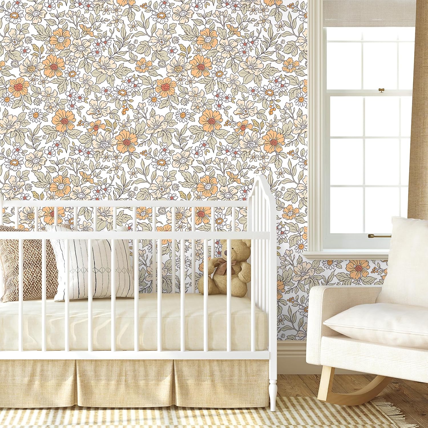VEELIKE Peach Ditsy Daisy Floral Wallpaper Vintage Floral Peel and Stick Wallpaper for Girls Room Nursery 17.7''x354'' Removable Waterproof Floral Contact Paper for Cabinets Prepasted Flower Wallpaper