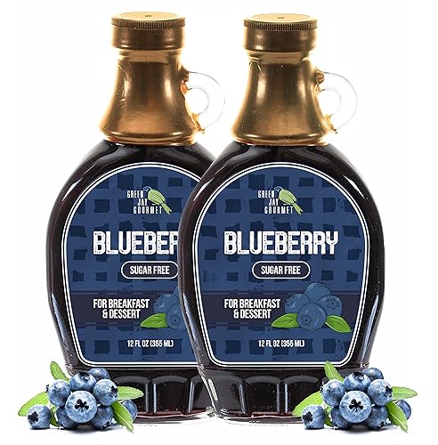 Green Jay Gourmet Jarabe de arándanos sin azúcar, jarabe de desayuno premium sin azúcar con arándanos frescos y jugo de limón, jarabe de panqueques