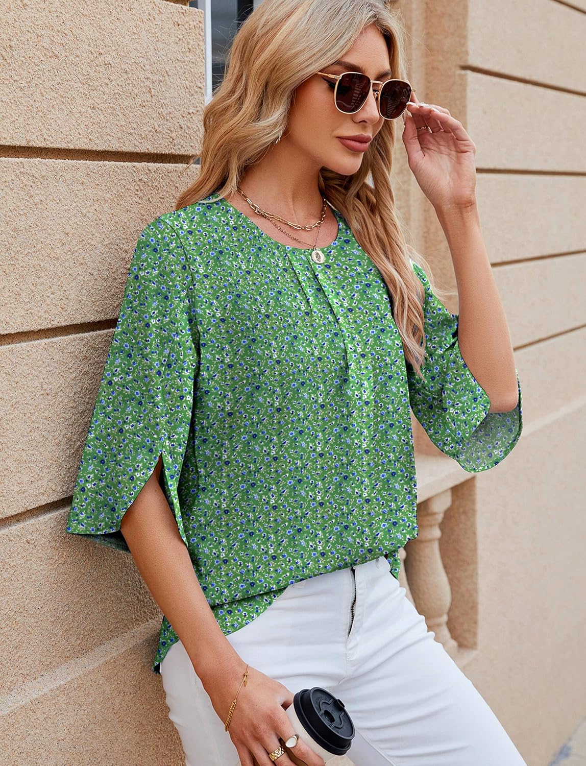 ZILIN Women's Summer Tops Dressy Casual Pleated Scoop Neck Half Sleeve Shirts Office Work Chiffon Blouses - Image 6