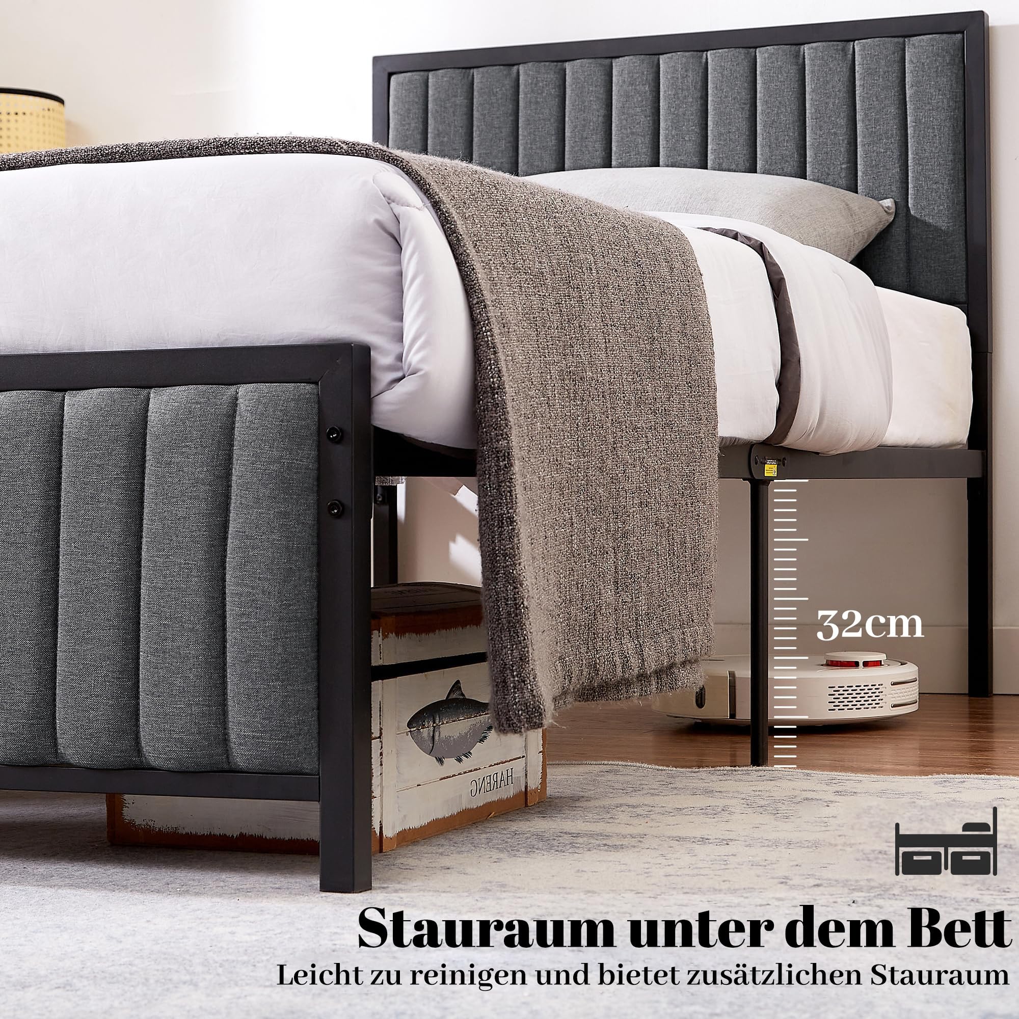 VECELO Polsterbett 90x200cm Grau - Mit Höhenverstellbarem Kopfteil