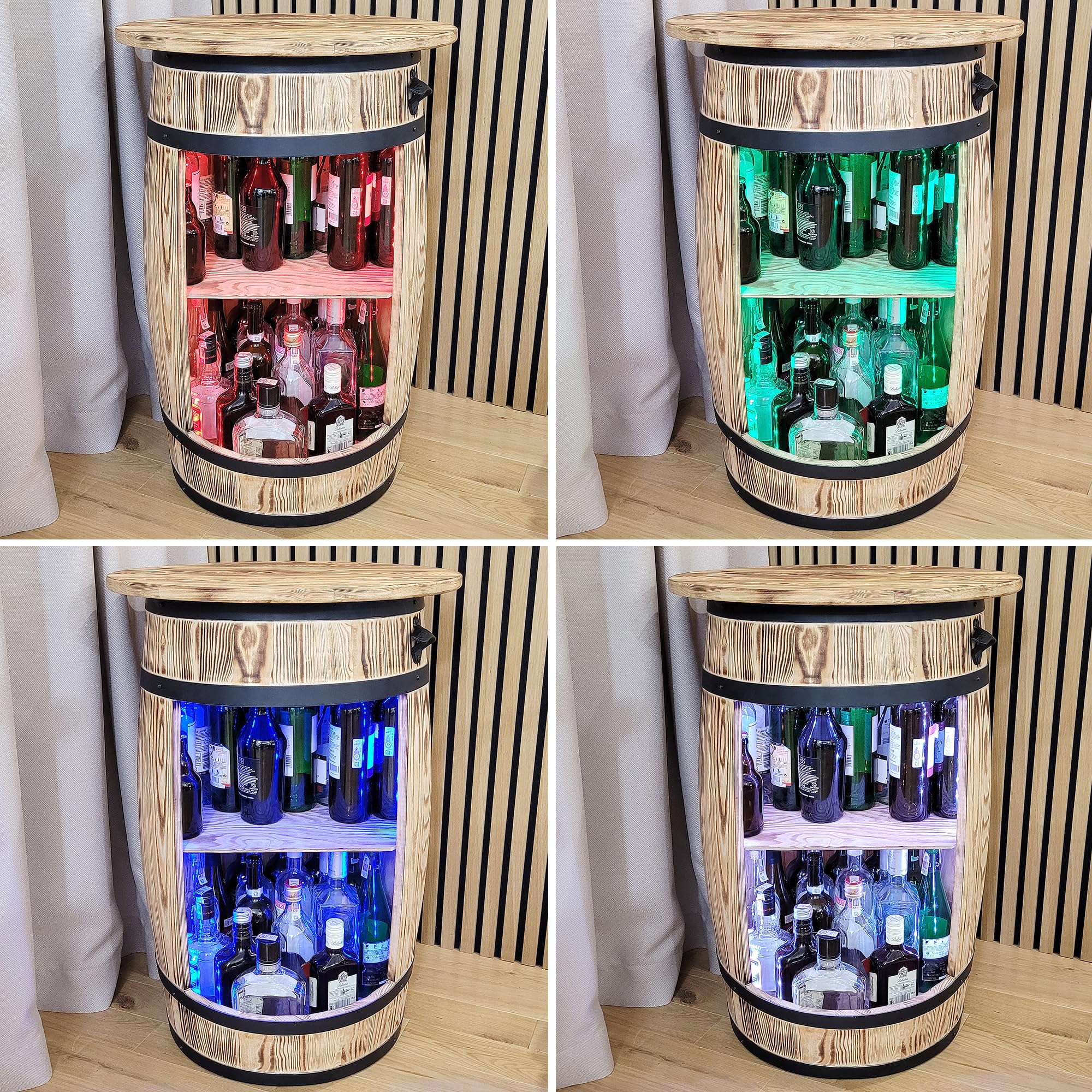 weeco Armadietto da bar con piano da tavolo e luci LED RGB – Tavolo Home Bar – Montabile – Scaffale in legno – Retro decorativo bar – Barile di legno con coperchio – Minibar Gin Whisky birra tavolo 80