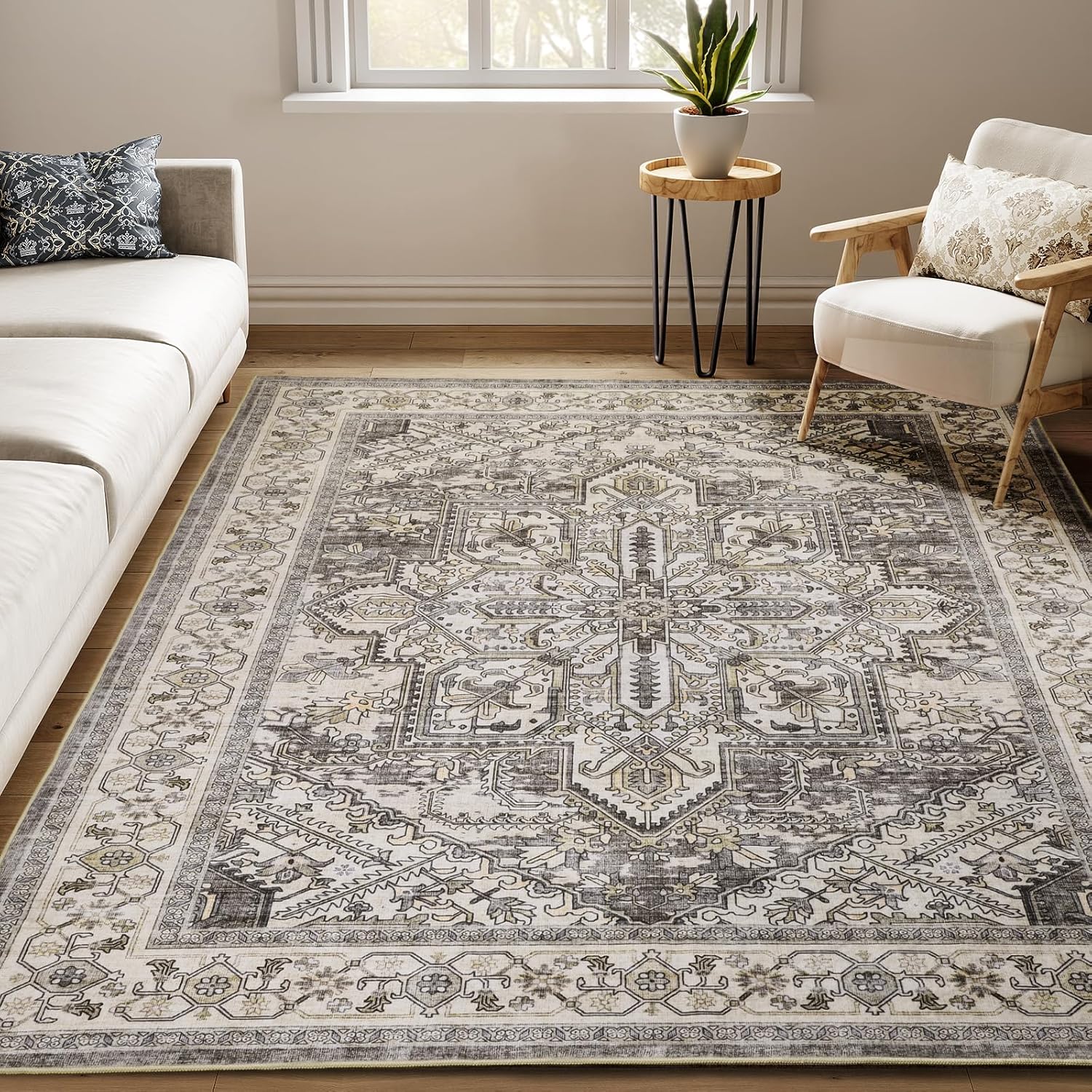 Area Rugs 8x10 Machine Washable, Boho Rug for Living Room Bedroom, Ultra-Soft Non-Slip Stain Resistant Vintage Rugs for for Kitchen Dining Room Office Home Decor, Brown-Lvory 8x10ft 01-brown/Lvory