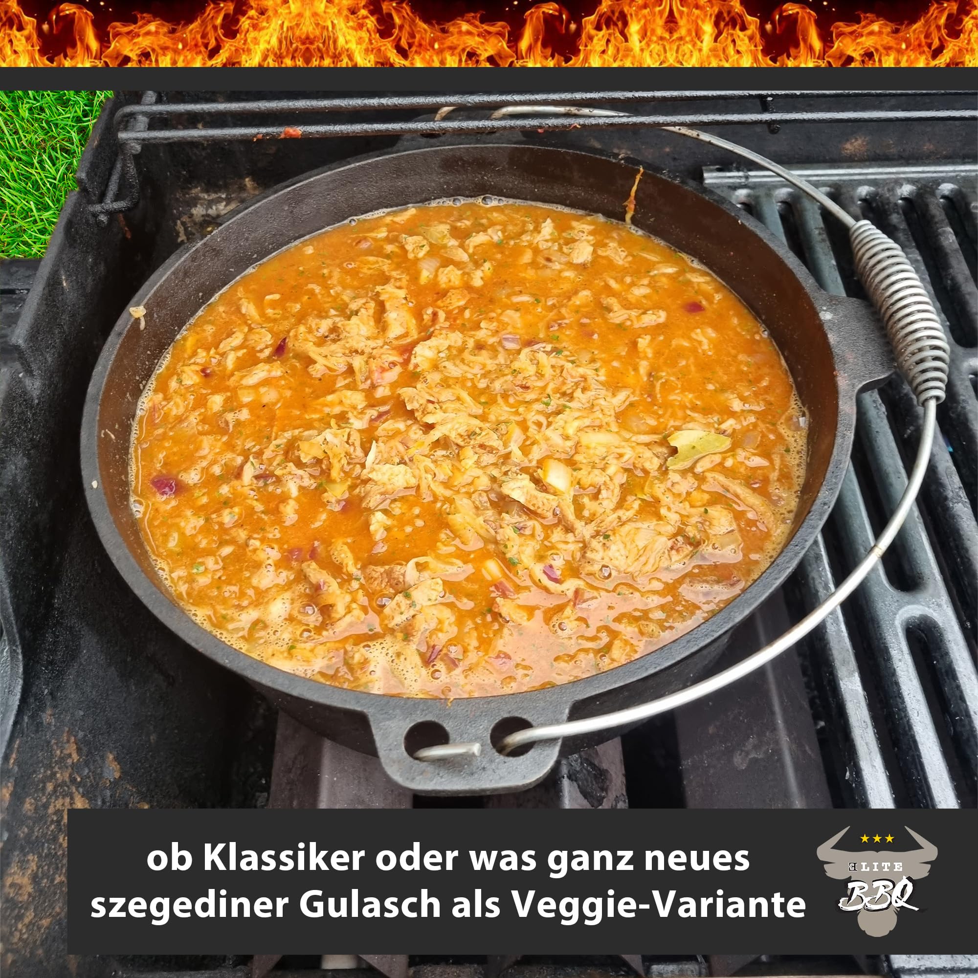 ELITE BBQ Suppenkessel dutch-oven set mit Füßen 6.0 qt, unser Eintopfofen für Kesselgulasch mit dutch oven pan ausgestattet, der Topf aus Gusseisen Hexenkessel Gulaschkessel Schmortopf dutsch-oven
