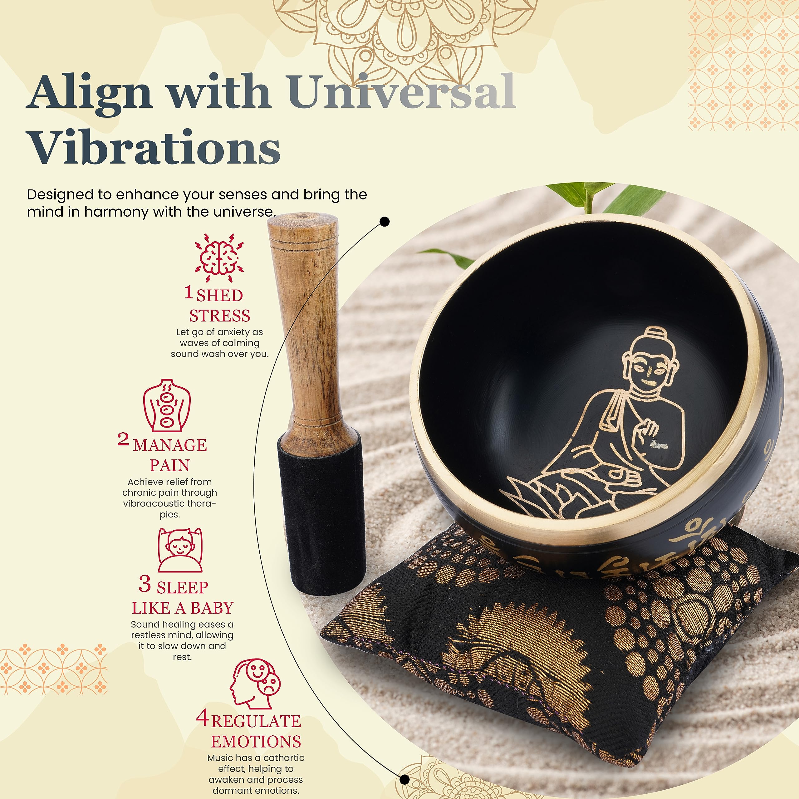 Ajuny - Cuenco budista tibetano para cantar, Buda sentado, sonido de meditacion de campana OM negra, 4 pulgadas de diametro para accesorios de relajacion y meditacion, palo y cojin incluidos