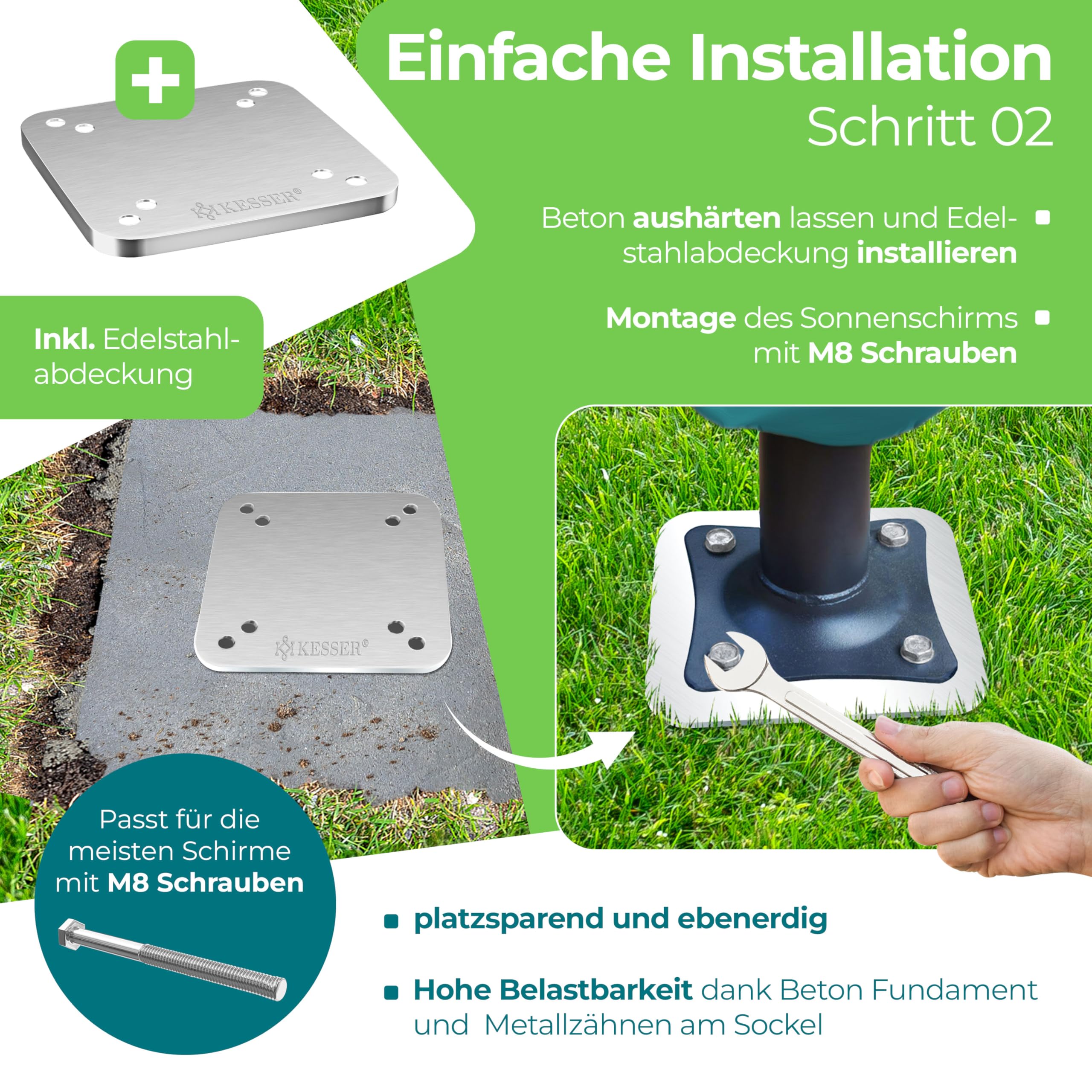 KESSER® Metall Universal-Bodenplatte | Sonnenschirmständer für Sonnenschirm & Ampelschirm | Bodenhülse für Kurbelschirm | Sonnenschirm-Schirm-Ständer | Bodenanker inklusive Handschuhe | Silber