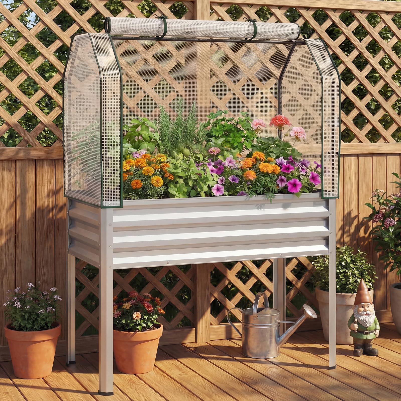 FANTASK Skrzynka na rośliny 3 w 1 z pokrywą PE, 112 x 55 x 152 cm, podwyższona grządka z zwijanymi drzwiami, grządka ogrodowa z ocynkowanego metalu, grządka na rośliny, grządka ziołowa do ogrodu, na