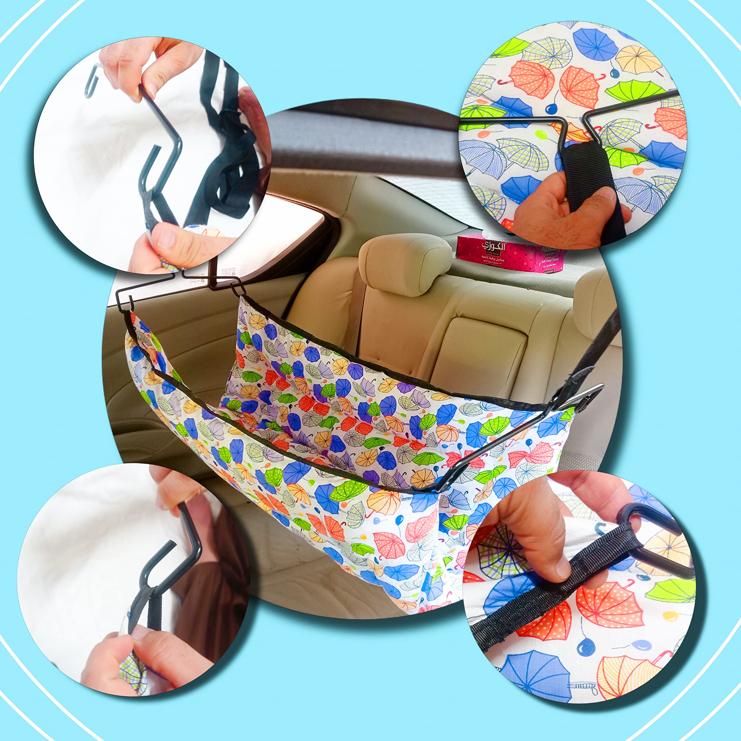 Vparents Car Cradle Hammock for 0-3 Years Baby, Portable Cotton Travel Car Jhula, Includes Hanger and Adjustable Belt/Strap, Car Hanging Swing for Kids 2