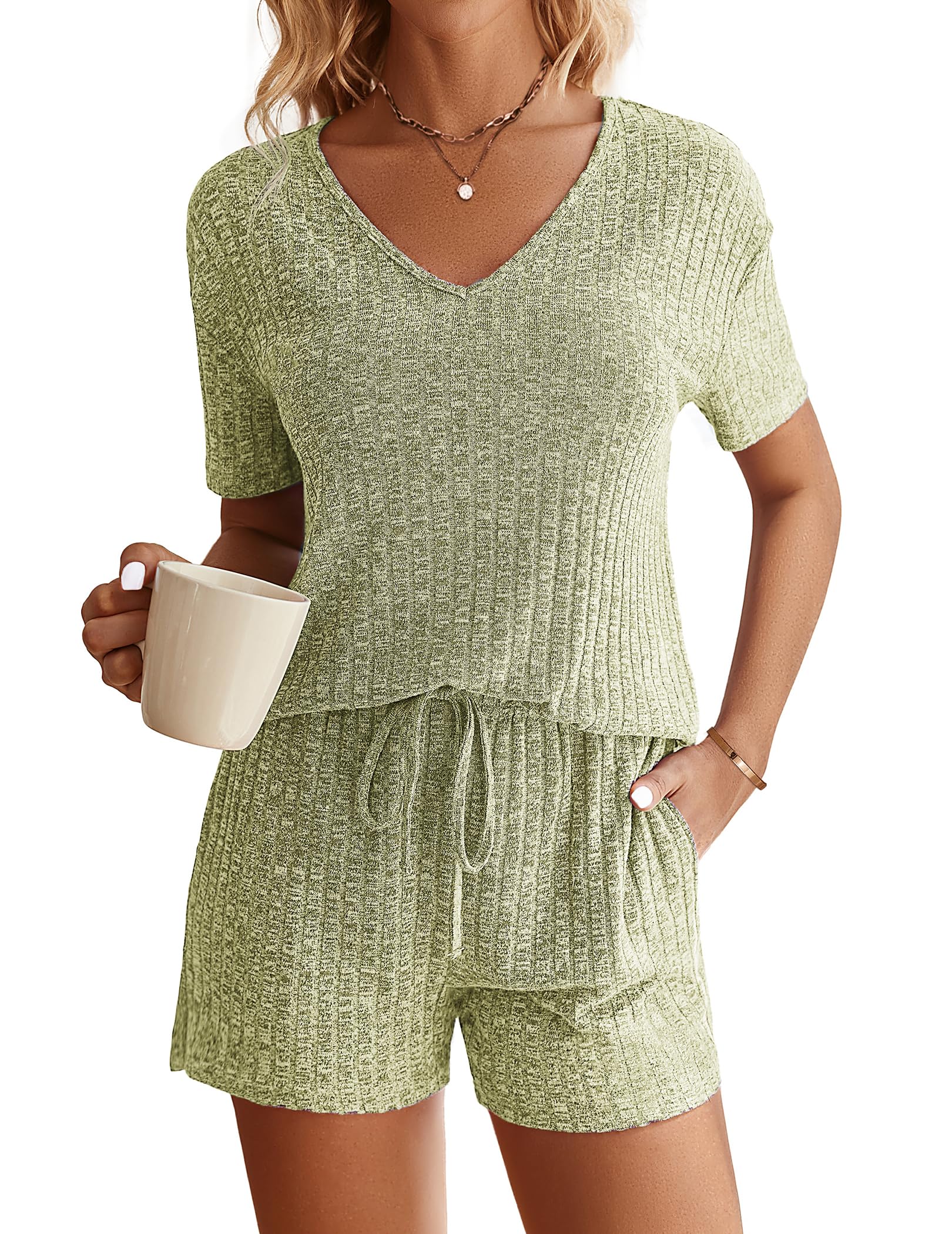 Ekouaer Womens Ribbed Knit Lounge Set Short Sleeve Top and Shorts Sleepwear Pajama Set Two Piece Shorts Outfits Set