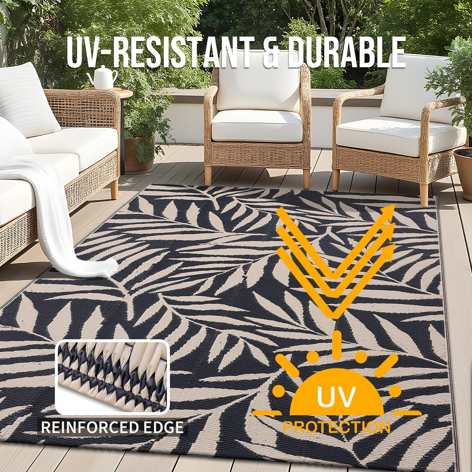 smiry Tapis d'extérieur imperméable, résistant aux UV, lavable, réversible, pour balcon, camping, terrasse, jardin, camping-car - 150 x 240 cm - Noir et beige - Motif feuilles