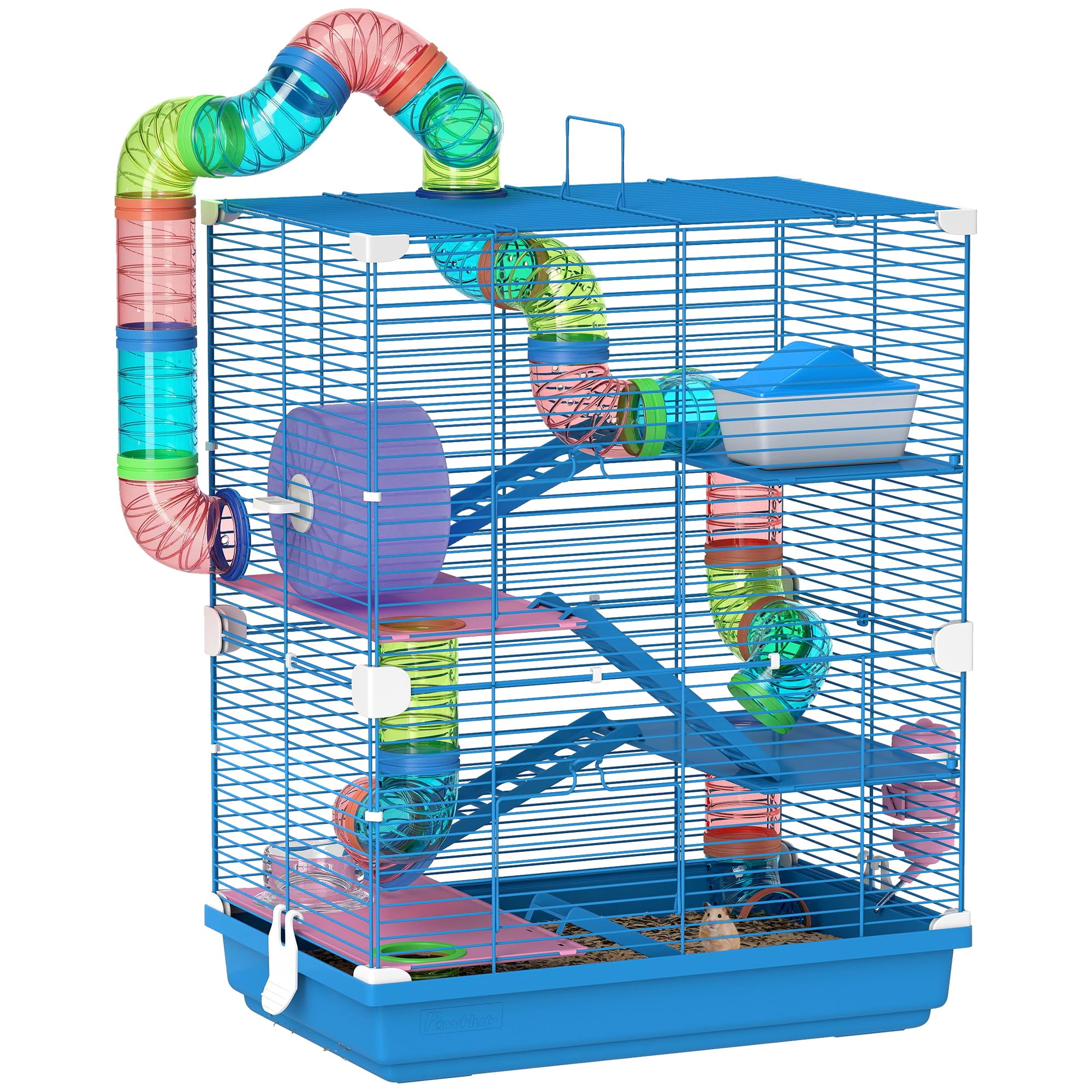 PawHut Cage pour Hamster Rongeur 4 étages avec Tunnels mangeoire Roue Maison échelles dim. 46L x 30l x 58H cm Bleu