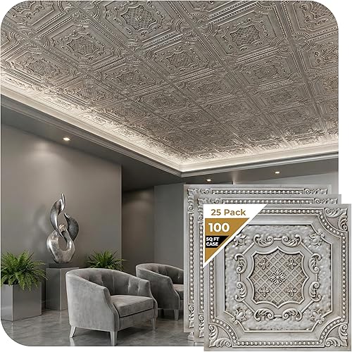 De normal a hermoso en horas DCT04 Escudo isabelino de PVC 2 pies x 2 pies para colocar o pegar en el techo (cubre / 9,29 m²), blanco antiguo, 25