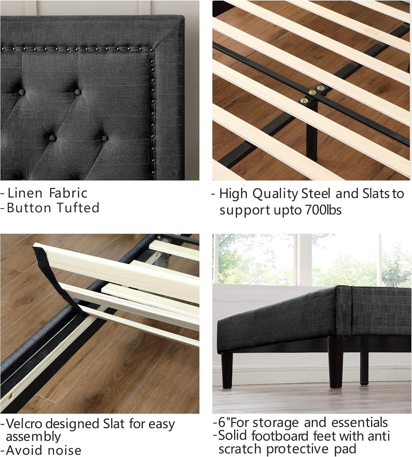 Full Upholstered Platform Bed Frame with 48" Tall Adjustable Headboard - Button Tufted Linen Velour Bed - Wood Slat Support with Storage Space - No Box Spring Needed - Black - Oliver & Smith - Berlin