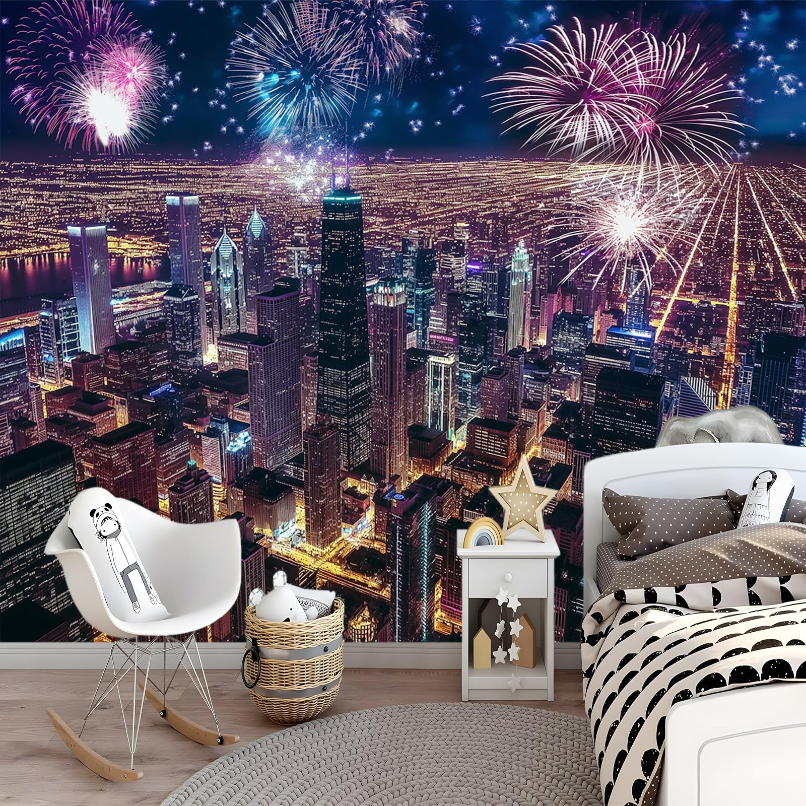Generico Carta Da Parati Fotografica 3d Effetto Vista Notturna Della Città Di Chicago 400x280 cm Moderna Design Carta per Pareti Soggiorno Camera Da Letto Sala Fotomurali Non Tessuto