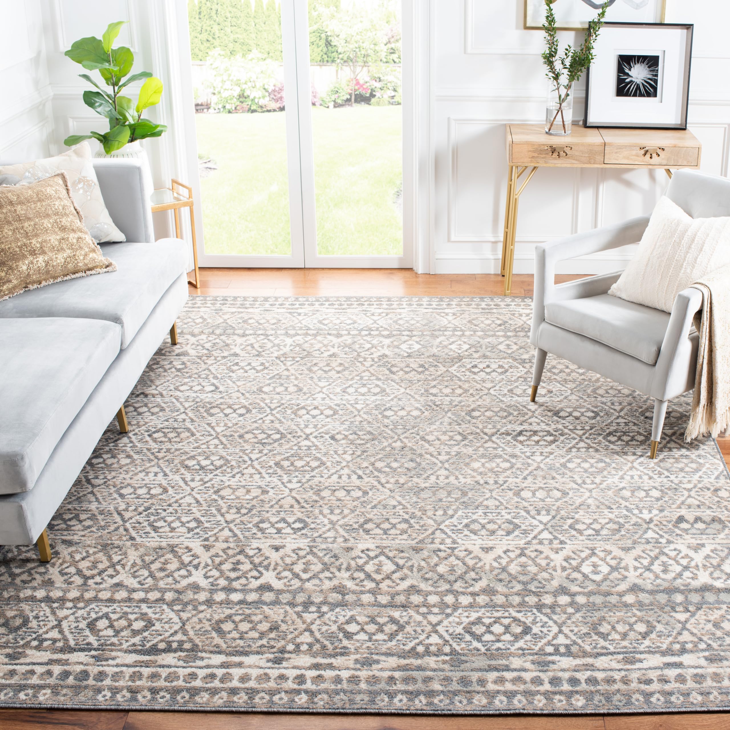 SAFAVIEH Pyramid Collection Area Rug - 9' x 12', Ivory & Charcoal, Moroccan Boho Tribal Design, Non-Shedding & Easy Care, Ideal for High Traffic Areas