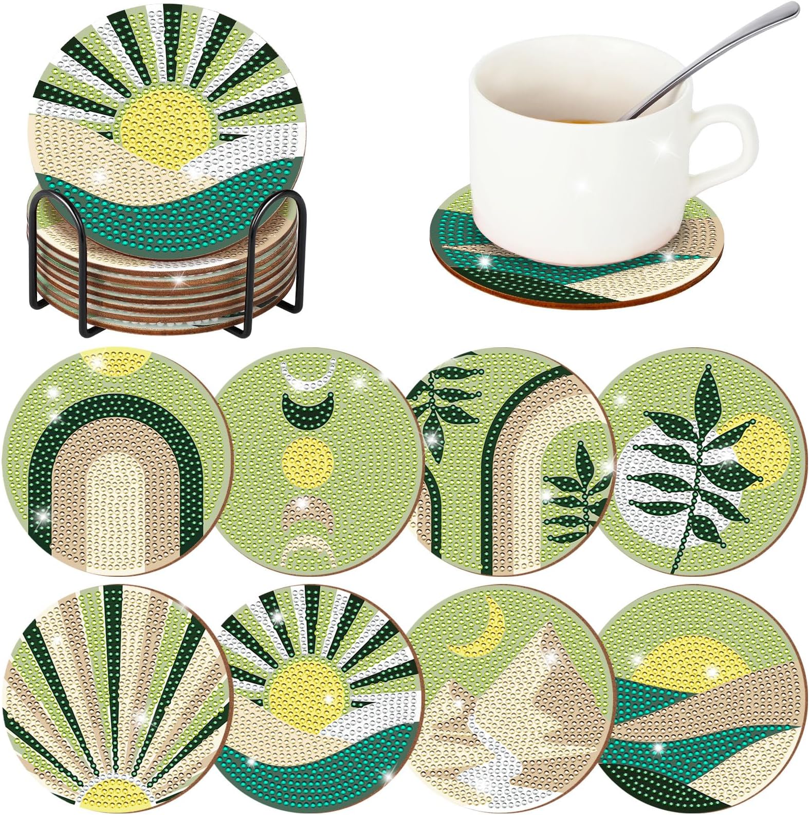 Vesici 8 Pcs Boho Diamond Art Coasters with Holder Abstract Plants DIY Craft Kit Green Square Coasters for Adults