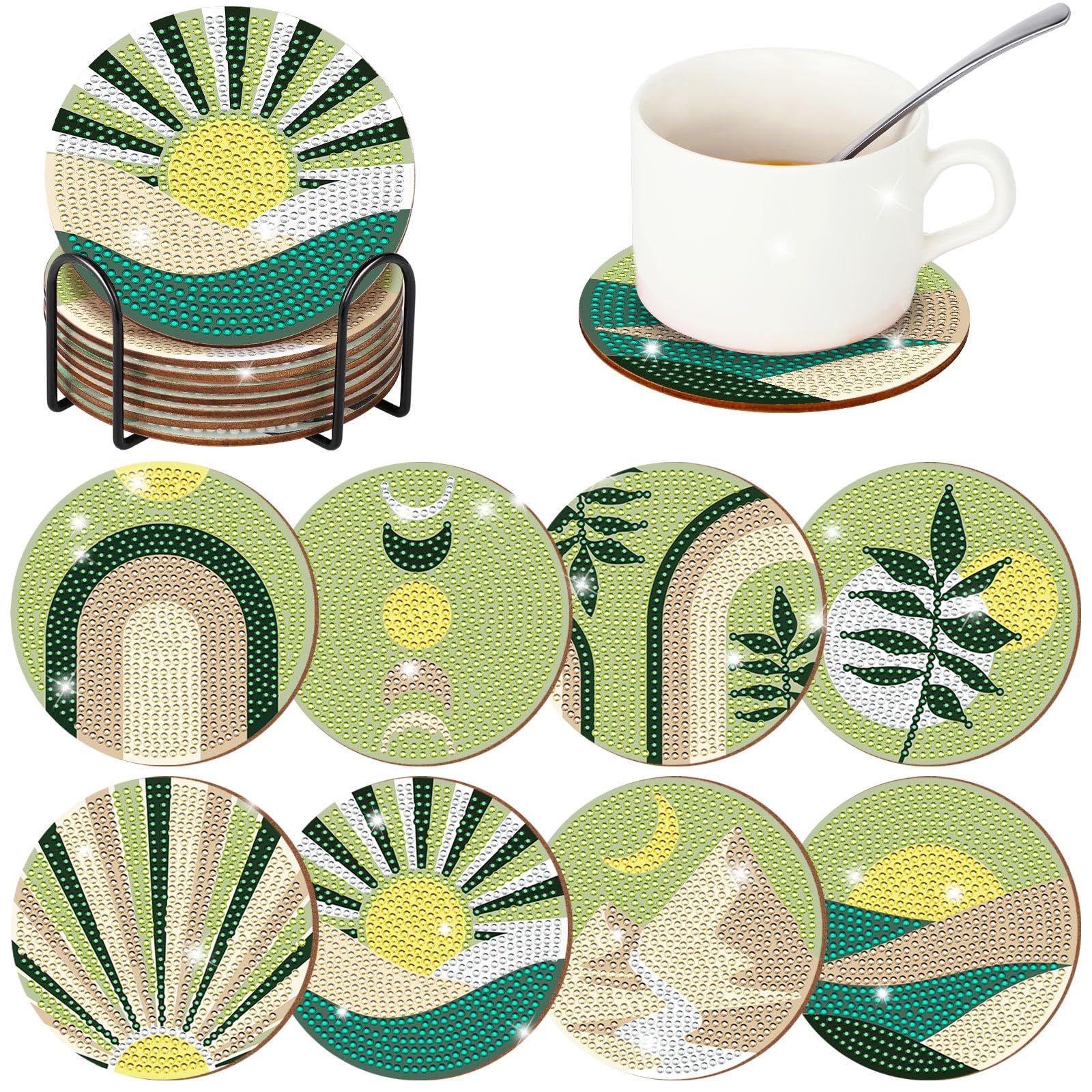Vesici 8 Pcs Boho Diamond Art Coasters with Holder Abstract Plants DIY Craft Kit Green Square Coasters for Adults