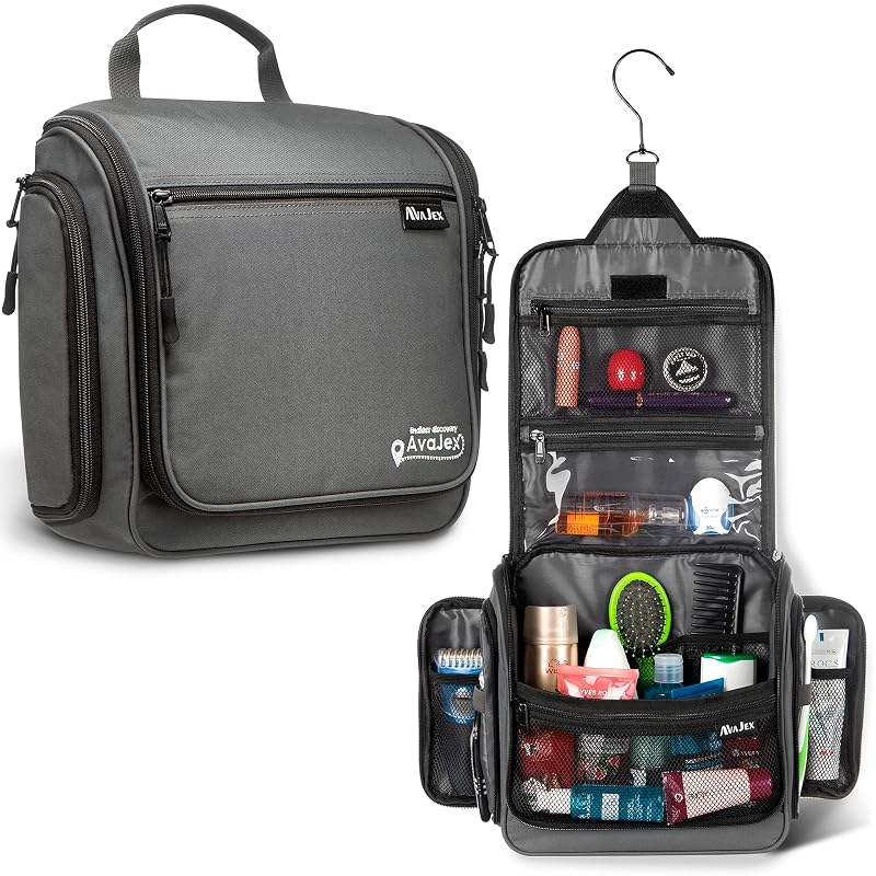 Necessaire de viagem AvaJex com gancho metálico giratório e 19 compartimentos, 26,92 cm x 24,89 cm x 8,13 cm
